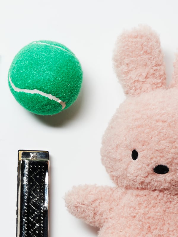 Una pallina da tennis verde, un accendino nero e un coniglio di peluche visibile solo parzialmente. Parte di un'immagine più grande con oggetti d'uso quotidiano.