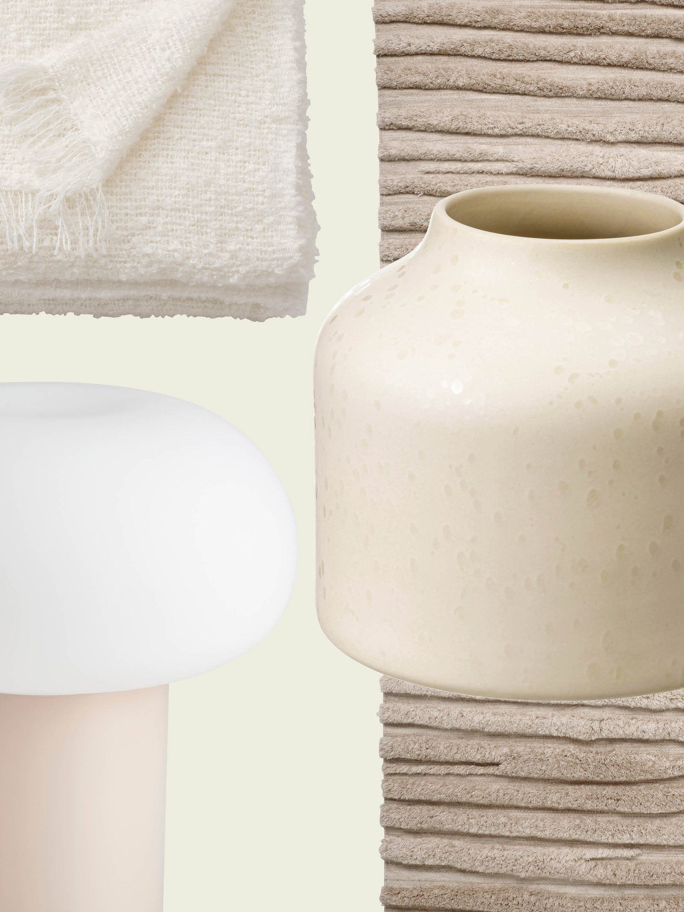 A calm combination of a soft cream throw, a textured beige vase, a rounded white lamp and a ribbed rug reflects the natural, soothing atmosphere you can create with IKEA accessories.