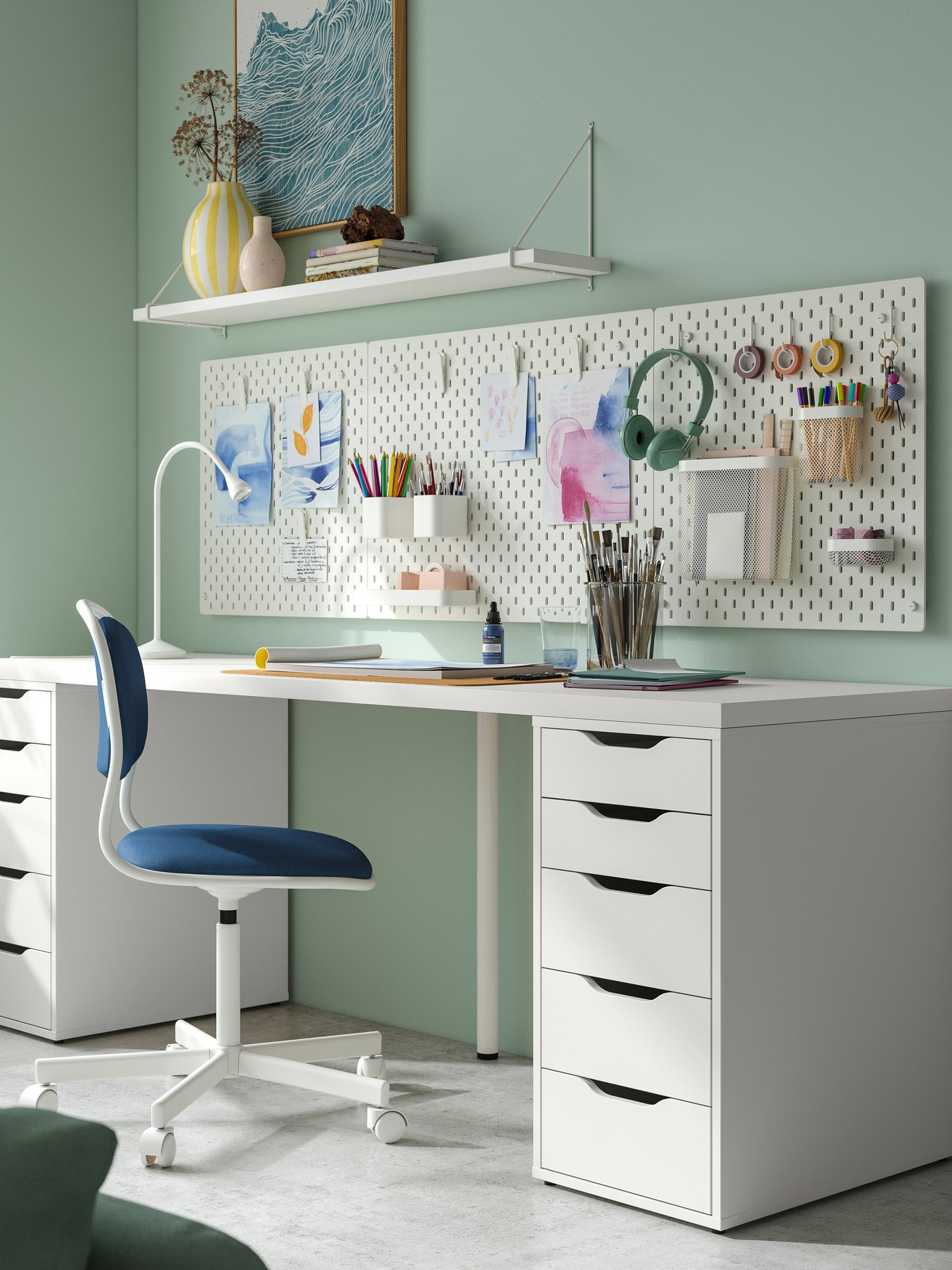 A white ALEX desk with storage.