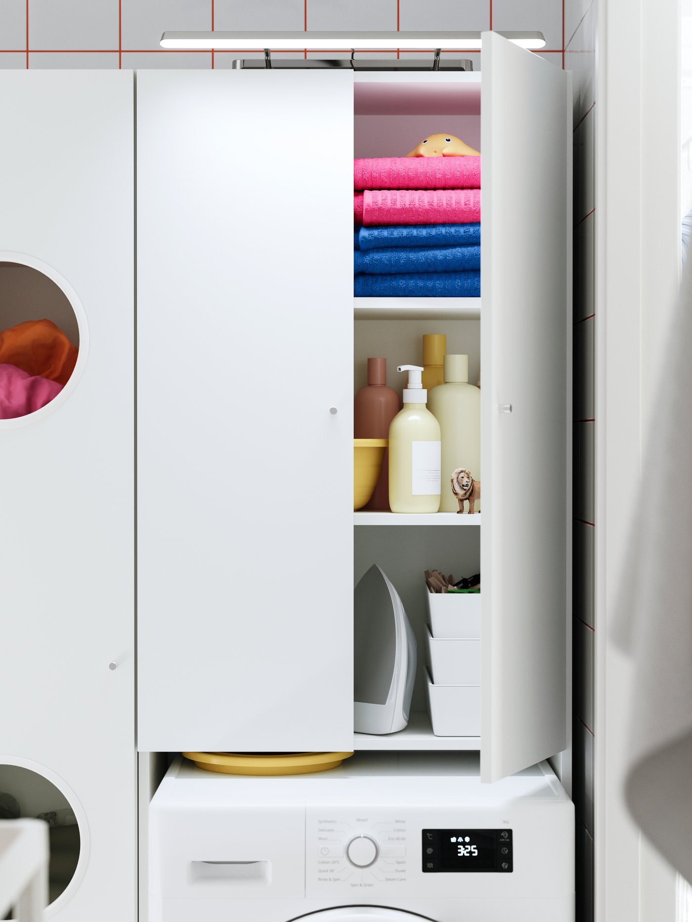 IKEA NYSJÖN white cabinet for washing machine with open shelves storing towels and bottles, with a washing machine underneath.
