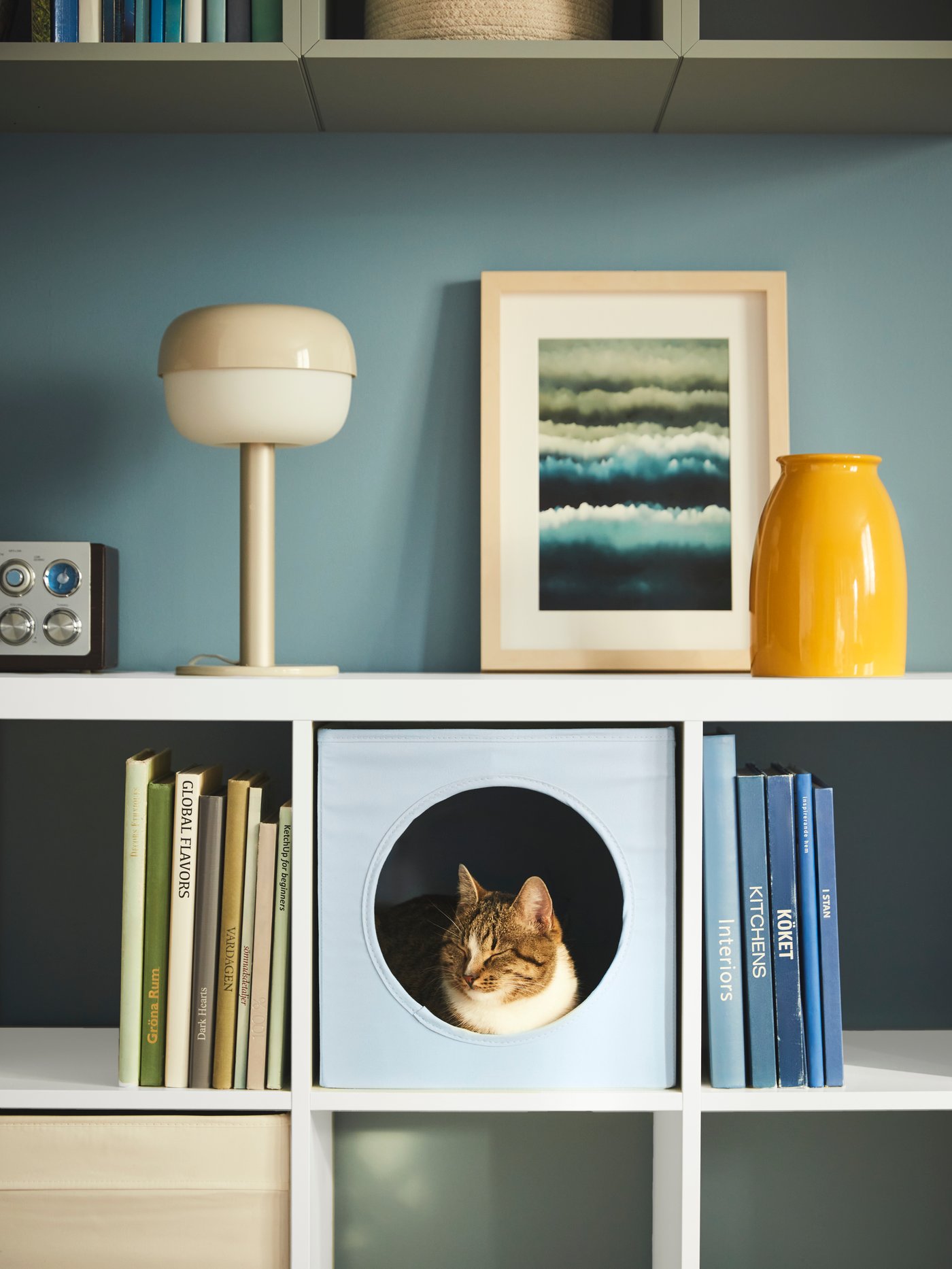 A white KALLAX shelving unit