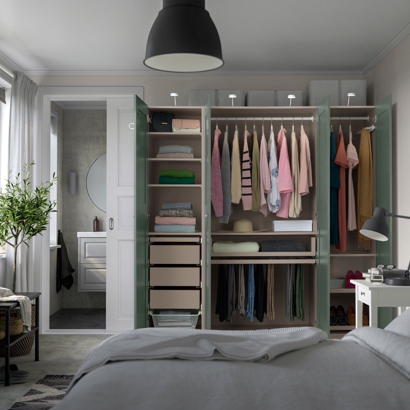 A grey-beige/grey-green PAX wardrobe combination