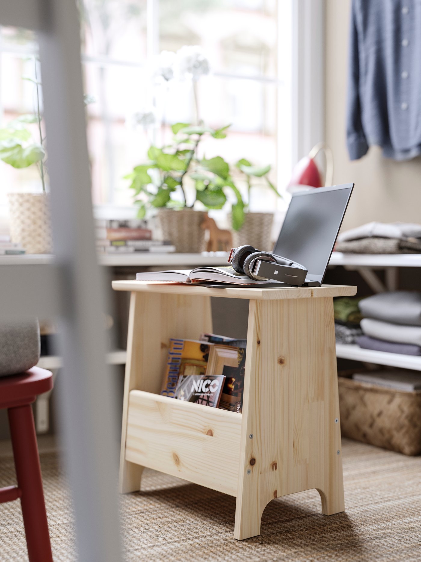 A pine PERJOHAN stool with storage