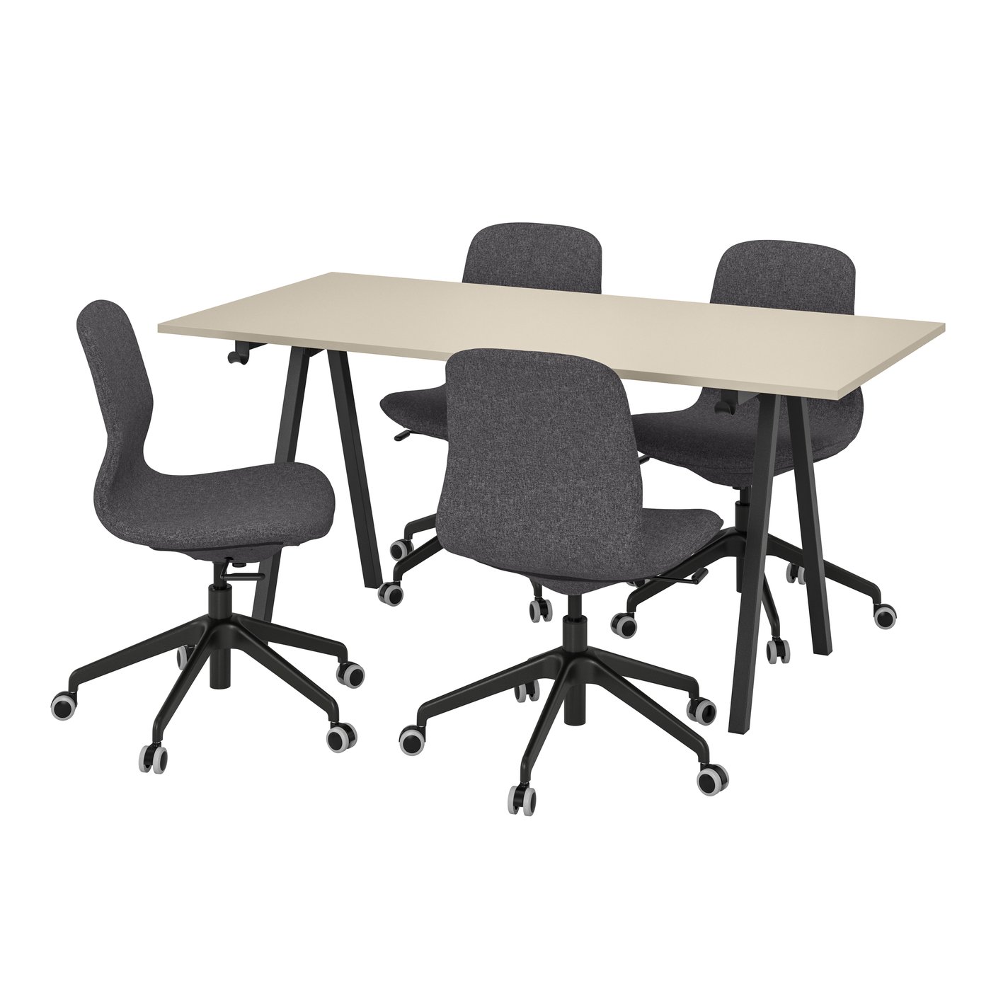 IKEA TROTTEN / LÅNGFJÄLL konferensbord och stolar, beige antracit/mörkgrå, 160x80 cm