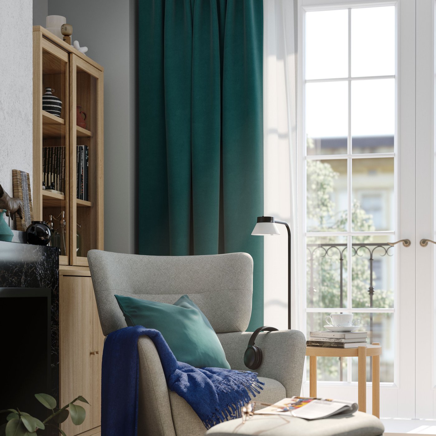 A Tibbleby beige/grey OSKARSHAMN wing chair in the living room