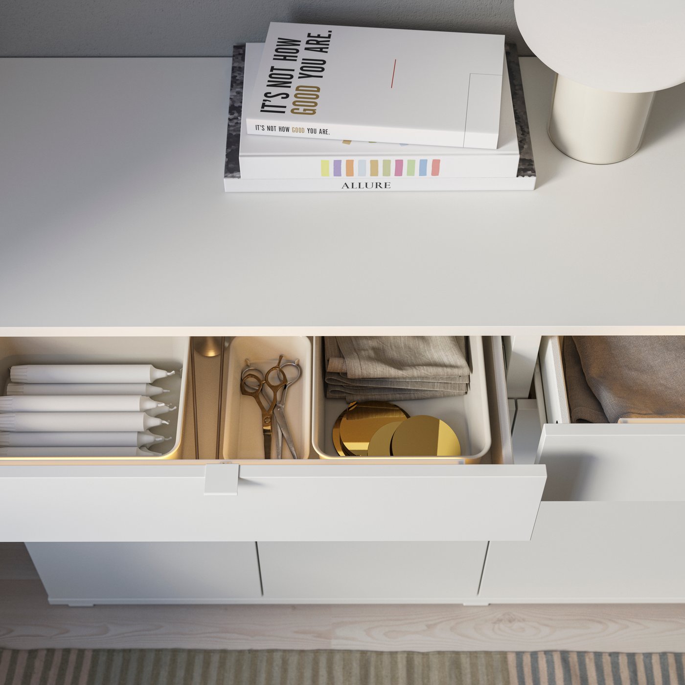 A white VIHALS sideboard in the living room