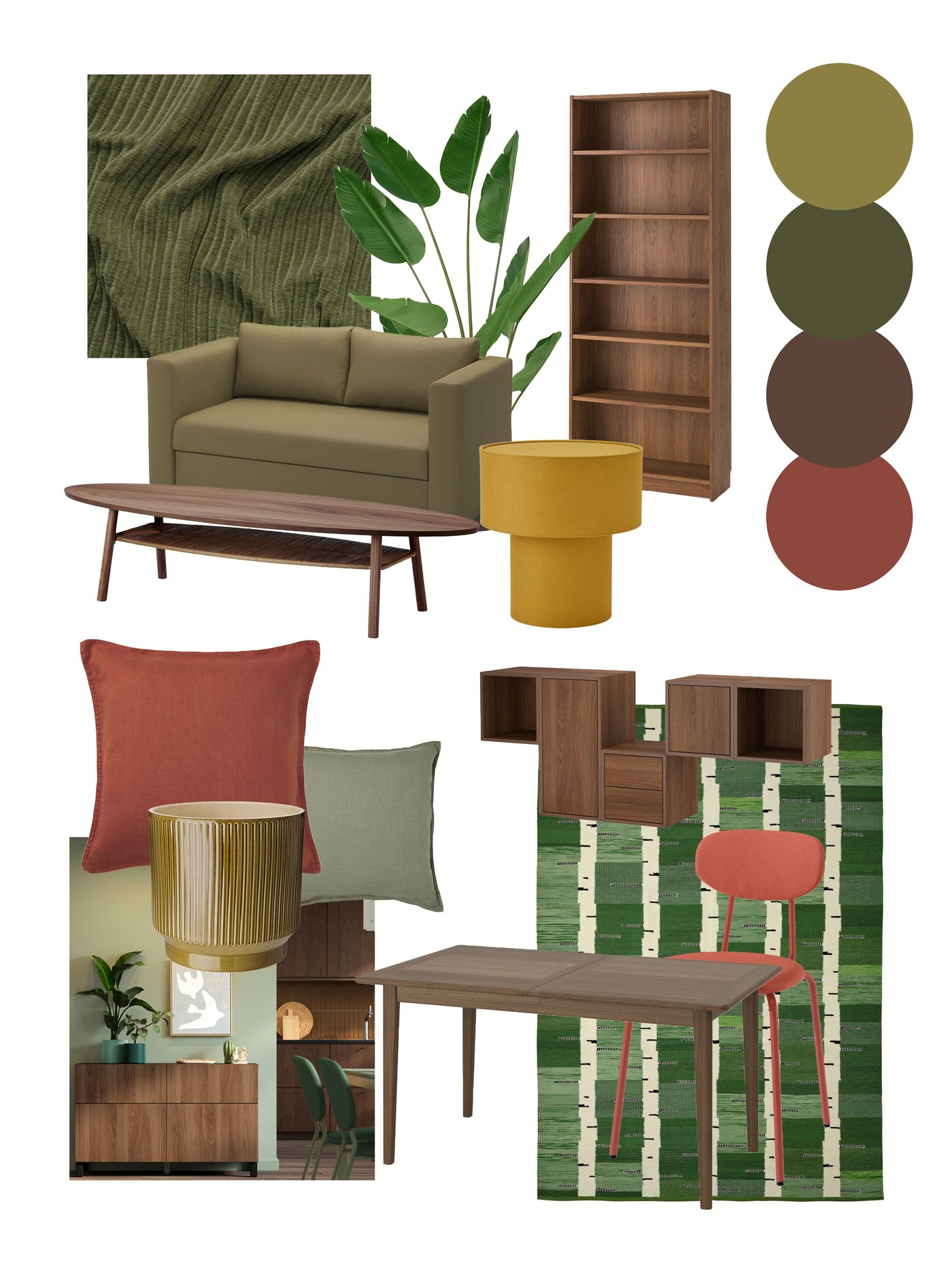 Moodboard med gröna och jordiga toner, inkluderande soffa, bord, bokhylla, stolar, kuddar, matta och växter i harmoniserande färger.