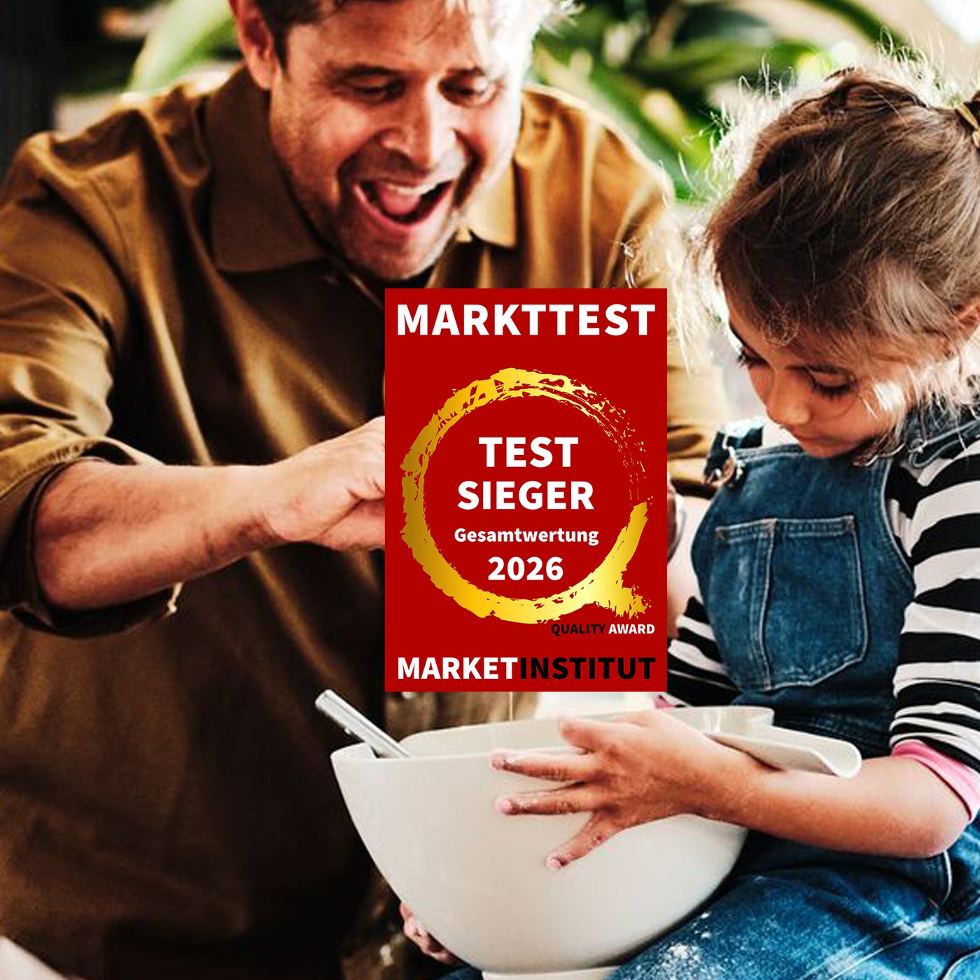 A man is shown baking with a child. In the foreground, the "Markttest" logo is visible, featuring the label "Overall Winner 2026.