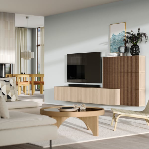 A white stained oak effect Lappviken/Björköviken brown BESTÅ media storage combination