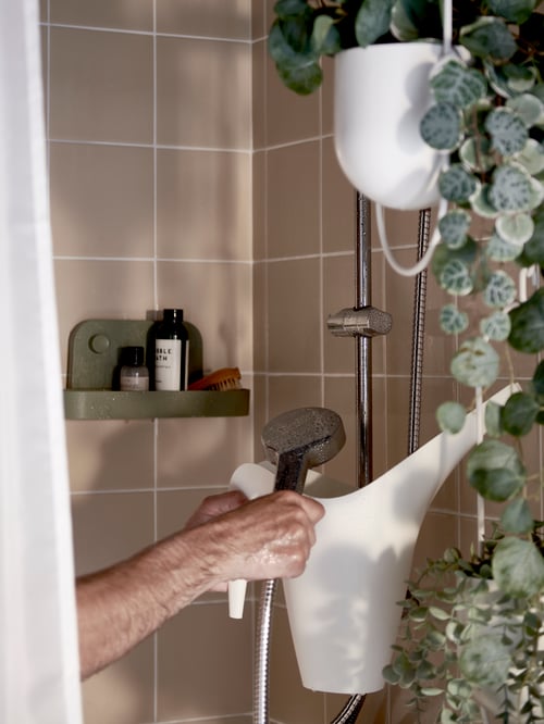 A person holding a BROGRUND riser rail with handshower wall outlet and a watering can. On the wall, a green wall shelf.
