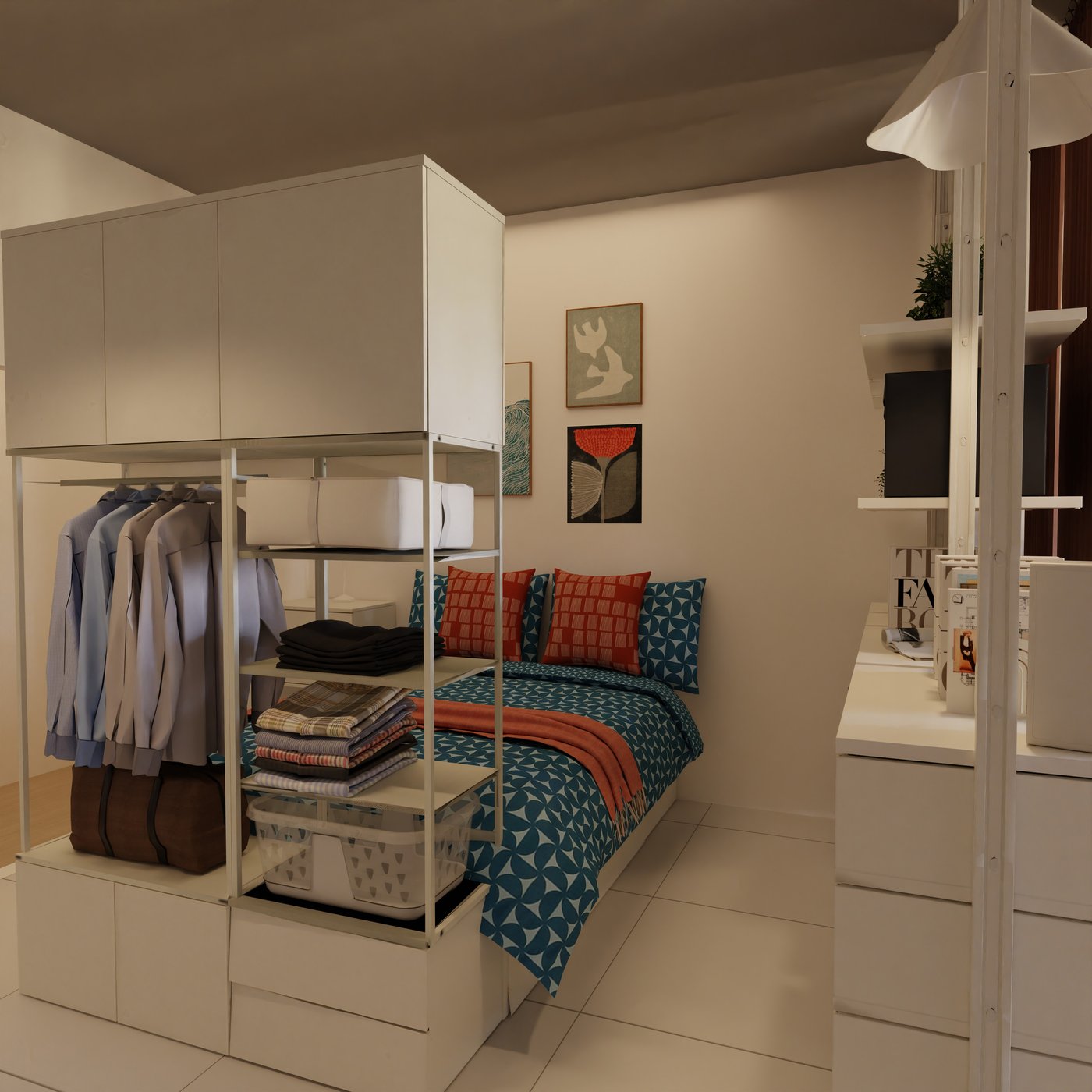 Am Fußteil des Bettes is tein Offener Kleiderschrank mit der Möglichkeit zum Aufhängen und legen. a