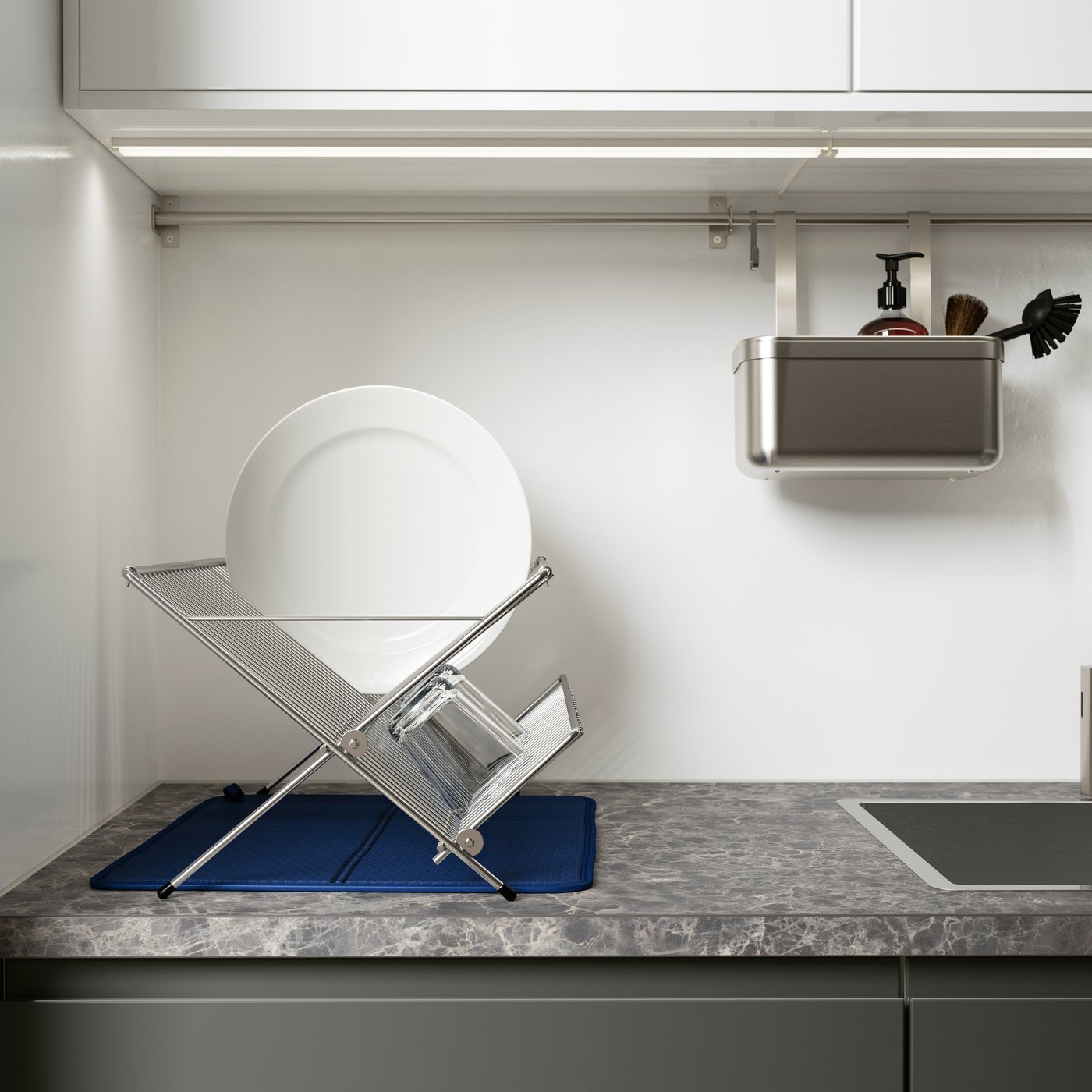 A galvanised KVOT dish drainer in the kitchen