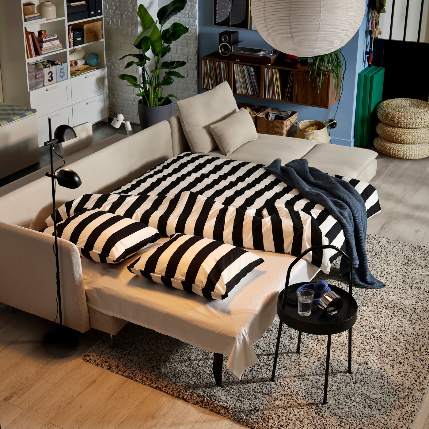 A with chaise longue with open end/Fridtuna light beige SÖDERHAMN 4-seat sofa-bed