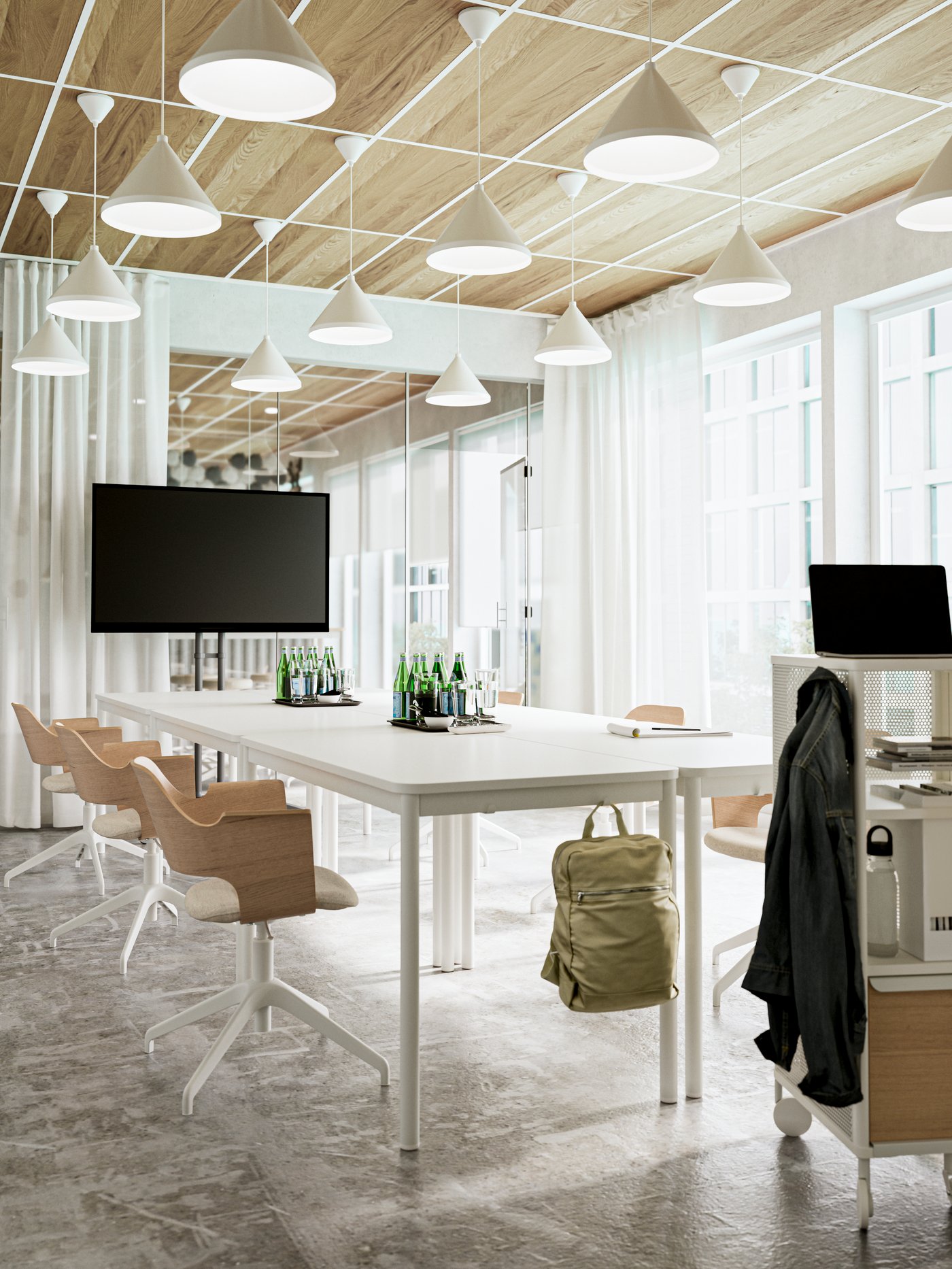 A white stained oak veneer/Gunnared beige FJÄLLBERGET conference chair with castors in the home office