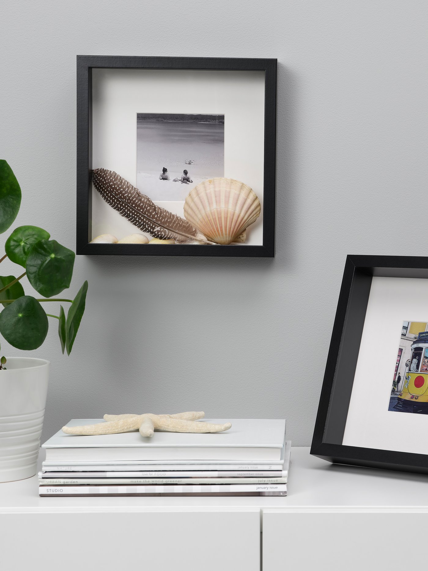 Een zwarte vierkante SANNAHED fotolijst et een decoratieve schelp in de woonkamer.