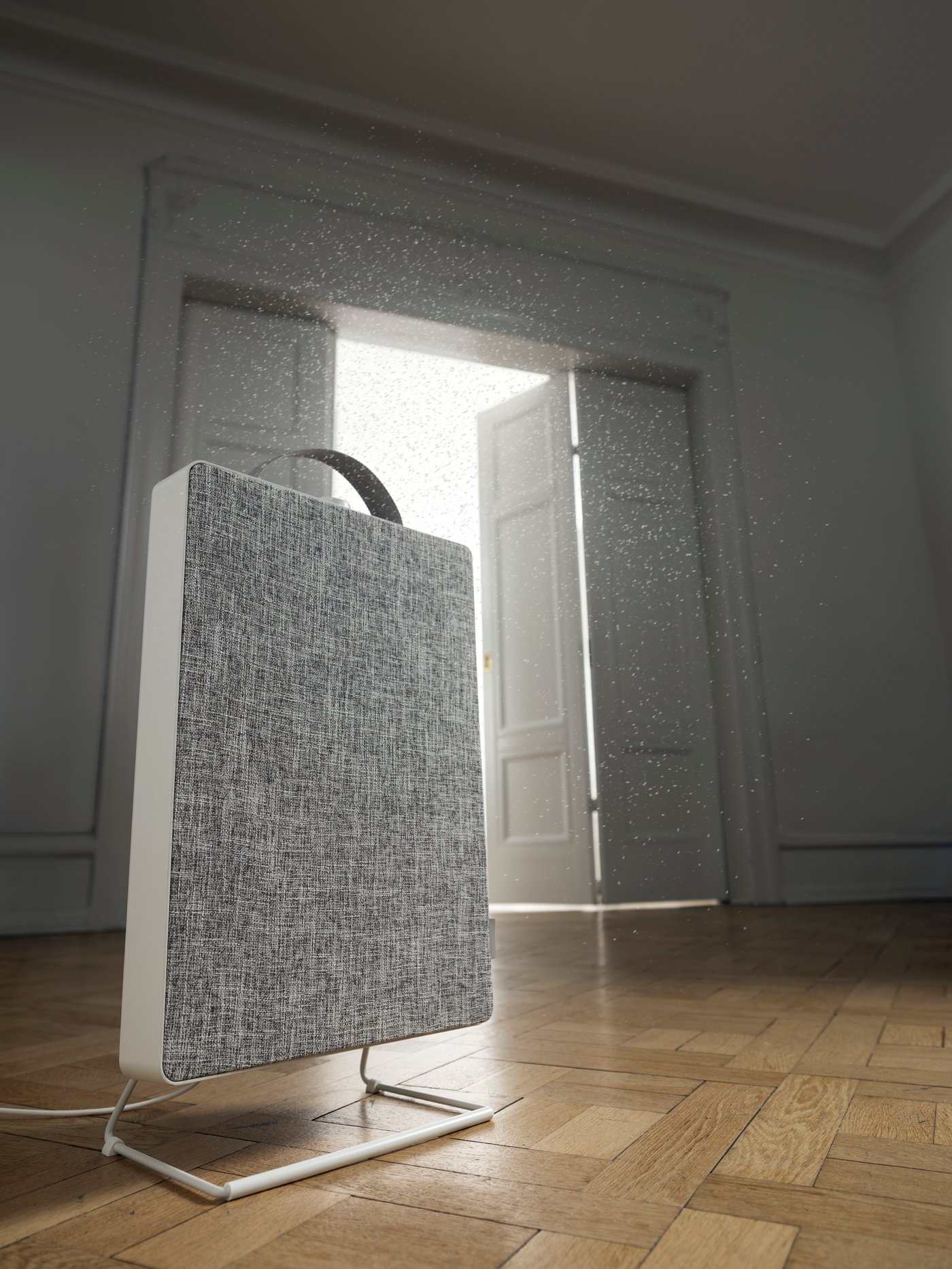 FÖRNUFTIG, a stylish air purifier stands on a wooden floor.