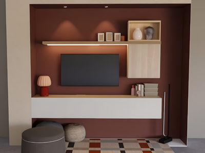 Une combinaison banc TV avec des façades blanches LAPPVIKEN avec des rangements BESTA chene blanchi. 