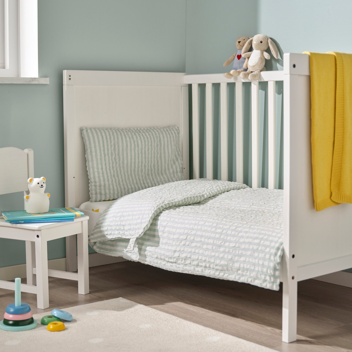 Ikea Len Duvet Cover 1 Pillowcase For Crib, White Blue/stripe Pattern Seersucker, 43 1/4x49 1/4/13 3/4x21
