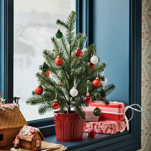 A small Christmas tree by the window, along with gifts wrapped in red paper