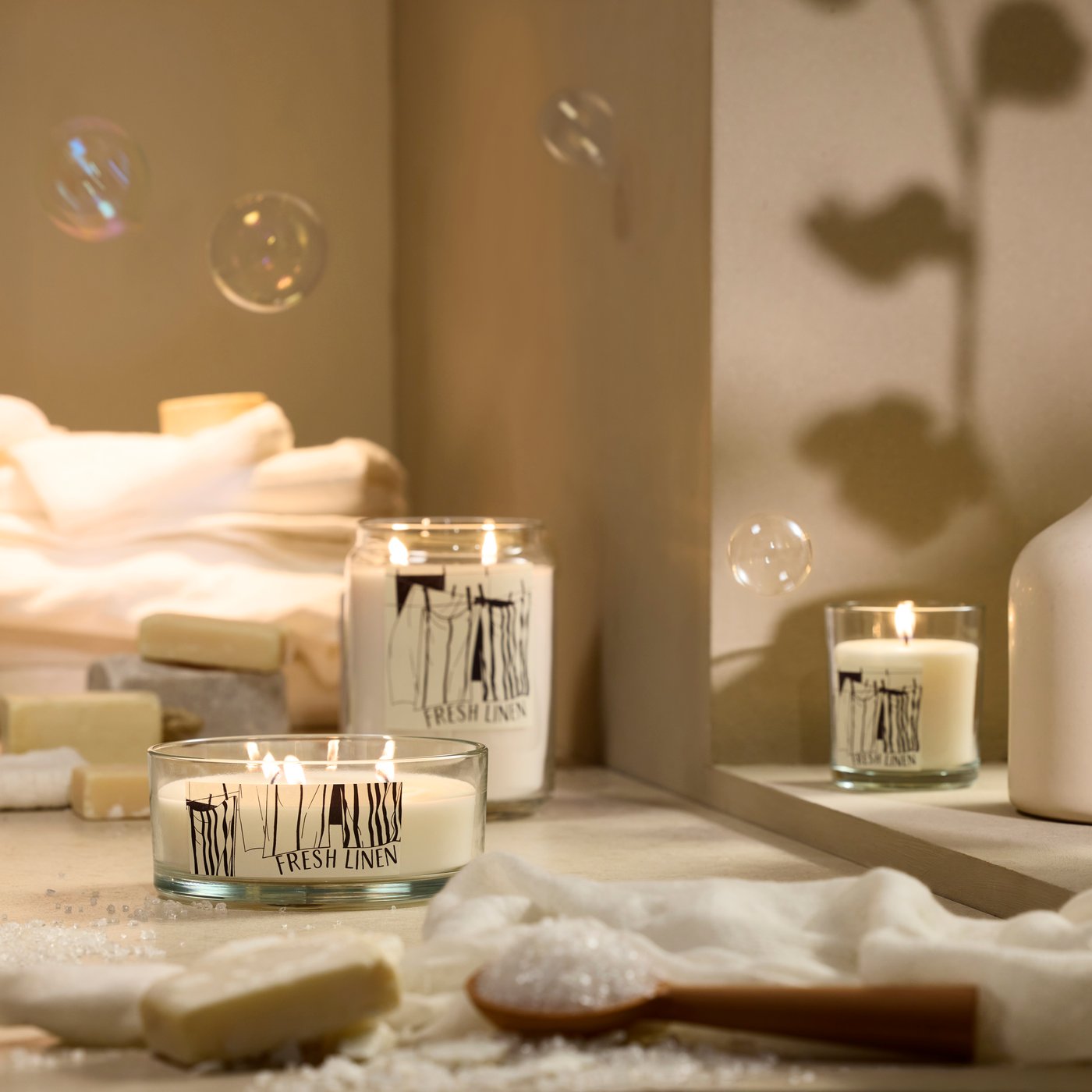 LOTSFÅGEL scented candles in a bathroom.