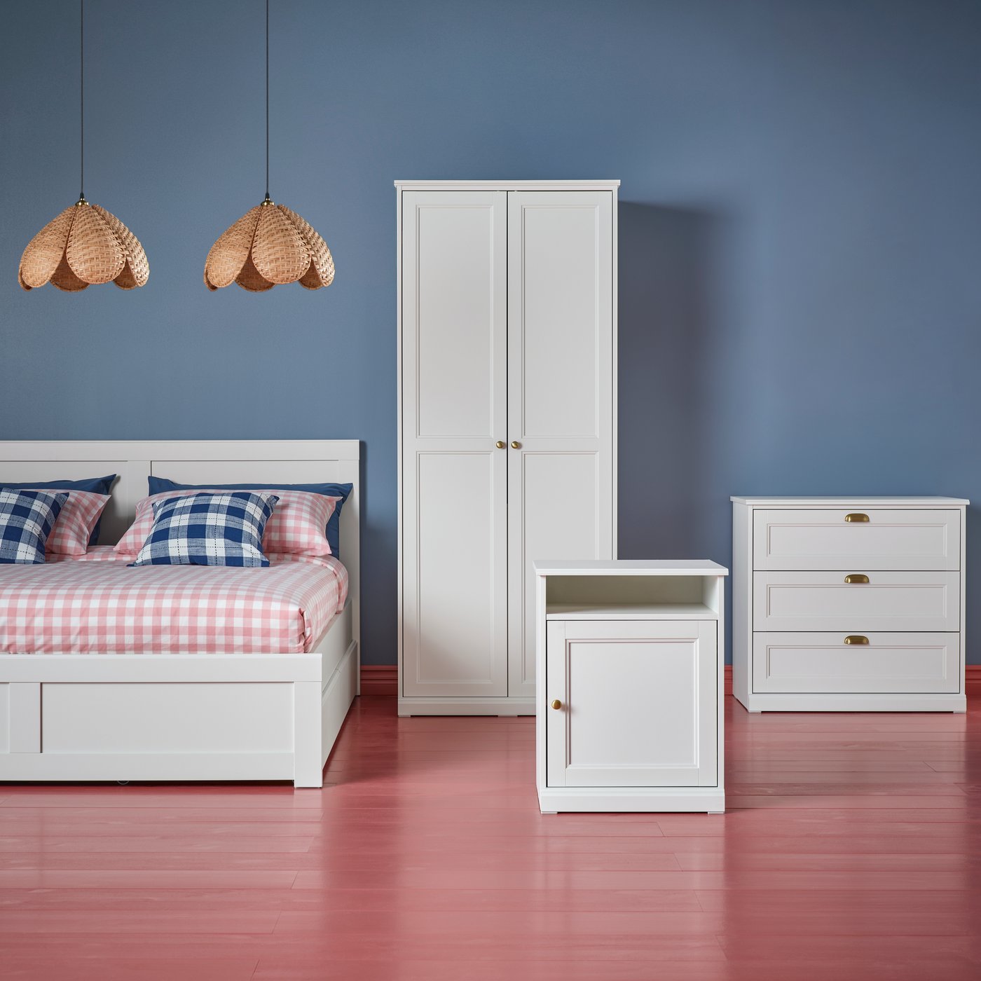 FÅGELFJÄLLET bed frame, bedside table, wardrobe and chest of drawers arranged in a still-life style in a studio setting.