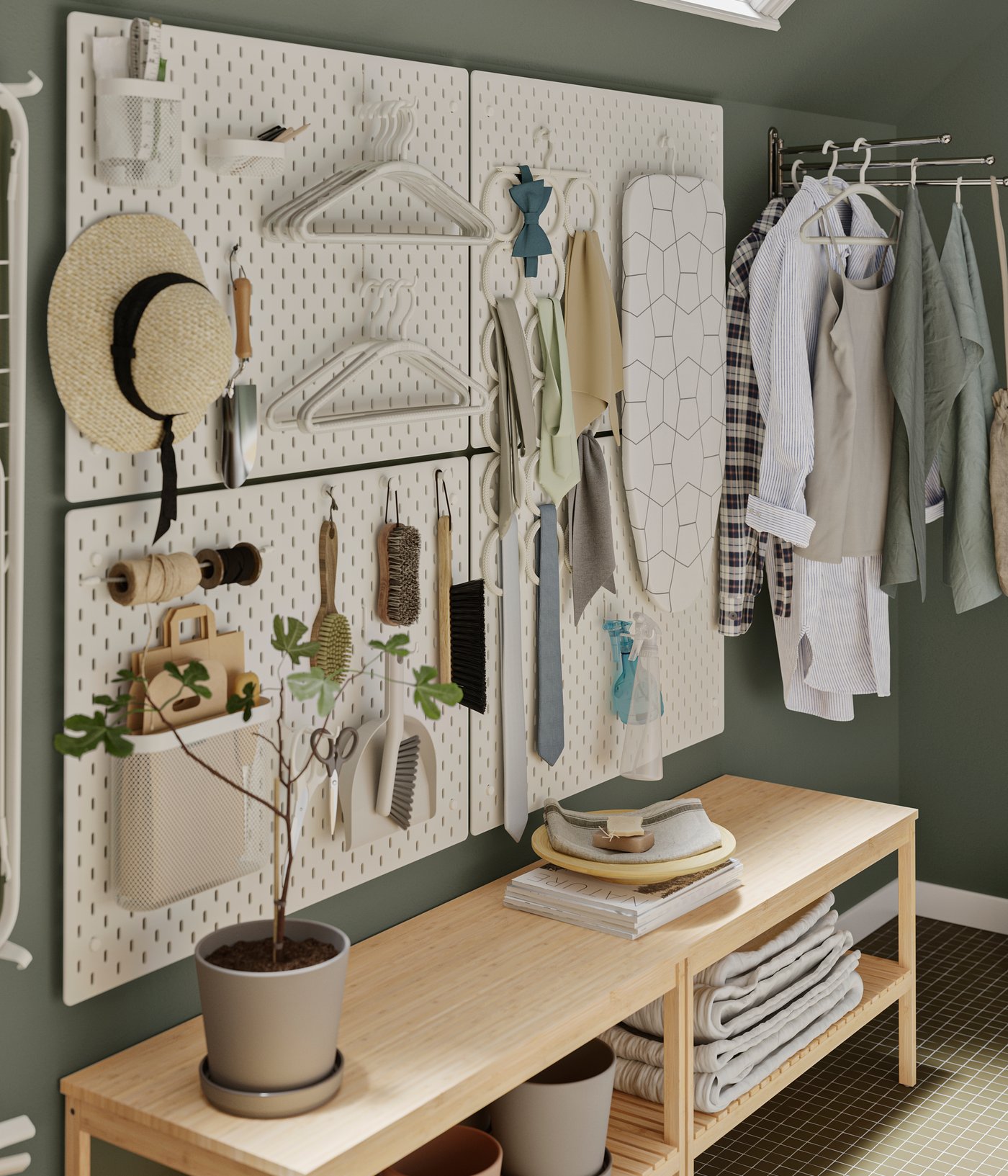 SKÅDIS säilytystaulu eteisen seinällä, jonka alla on RÅGRUND penkki.