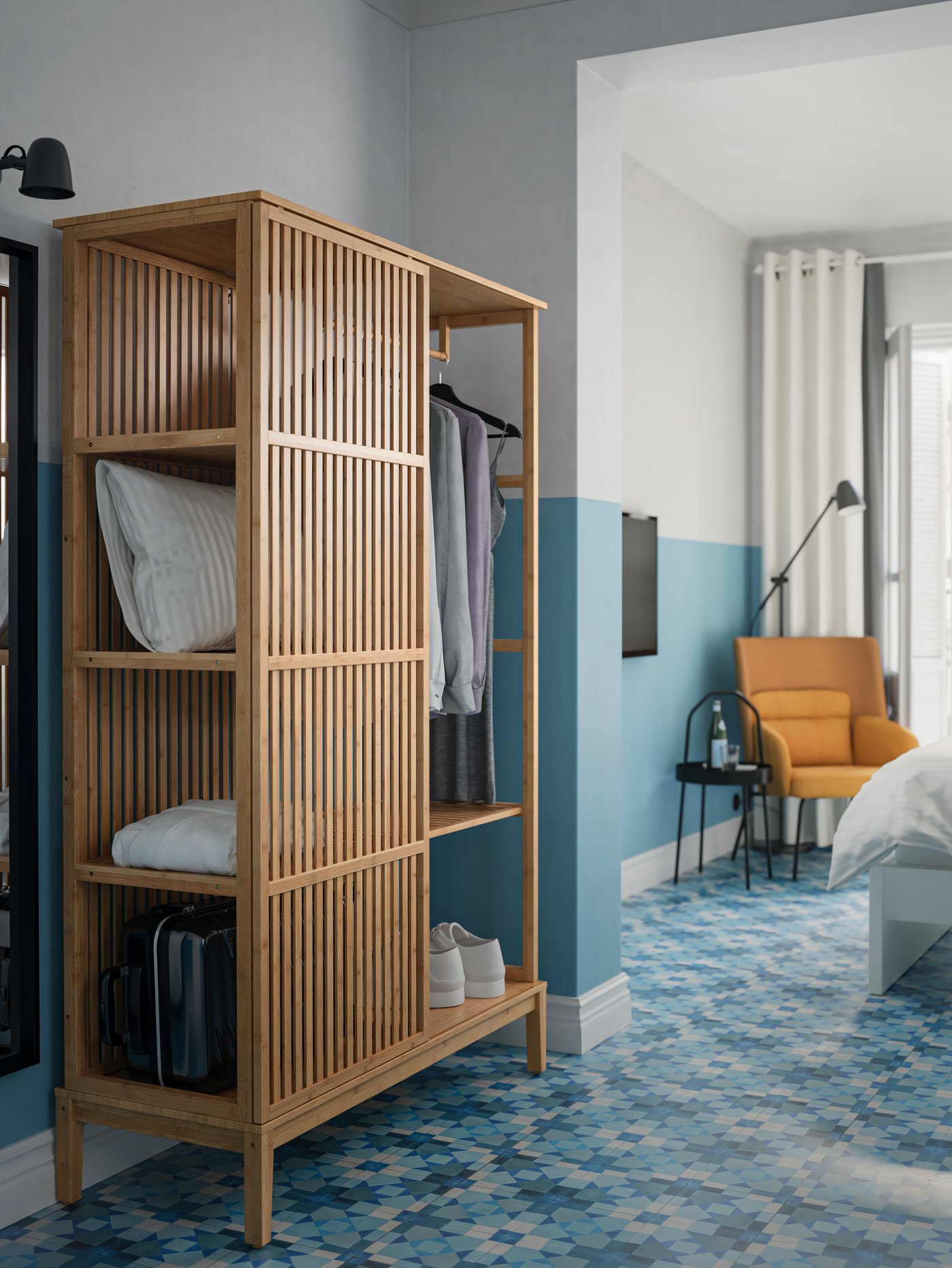 A modern hallway that features an open wardrobe with sliding doors, a high back armchair, a side table and a floor lamp.