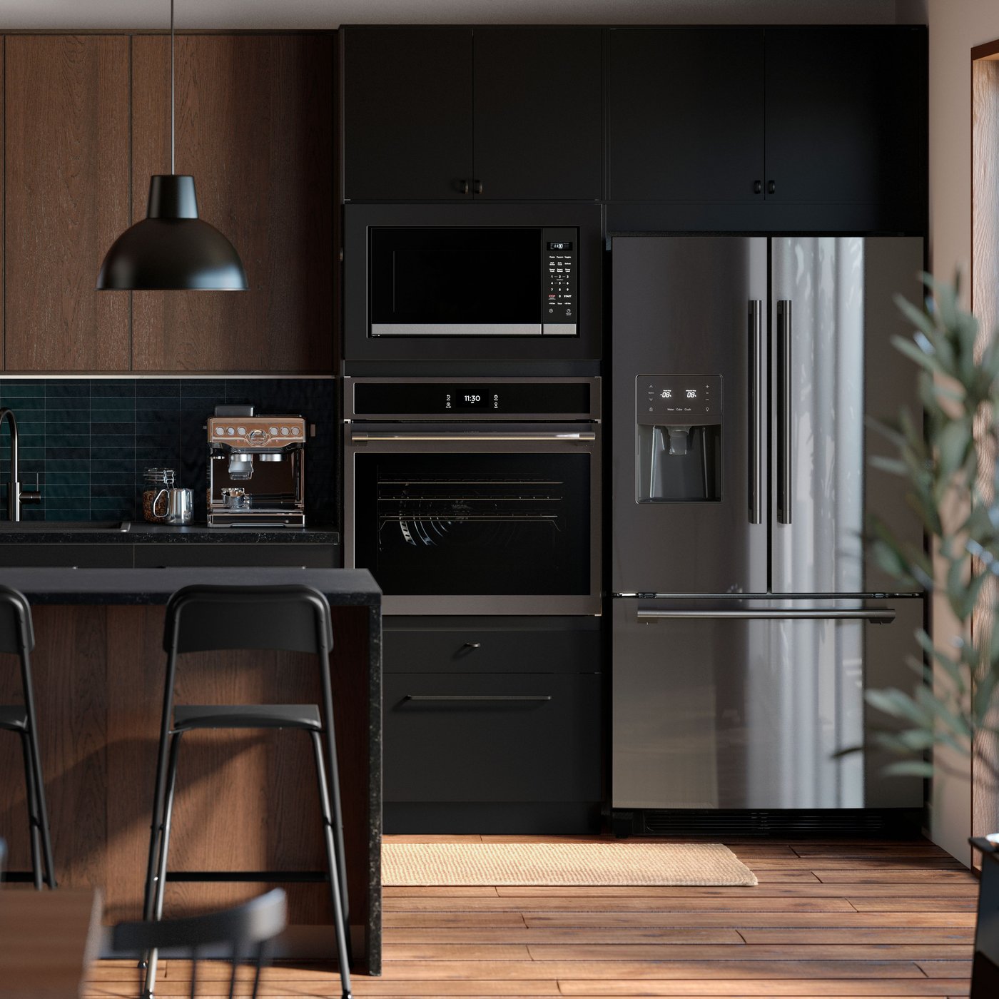 A contemporary kitchen with a kitchen island and a combination of brown SINARP fronts and NICKEBO fronts in matte anthracite.