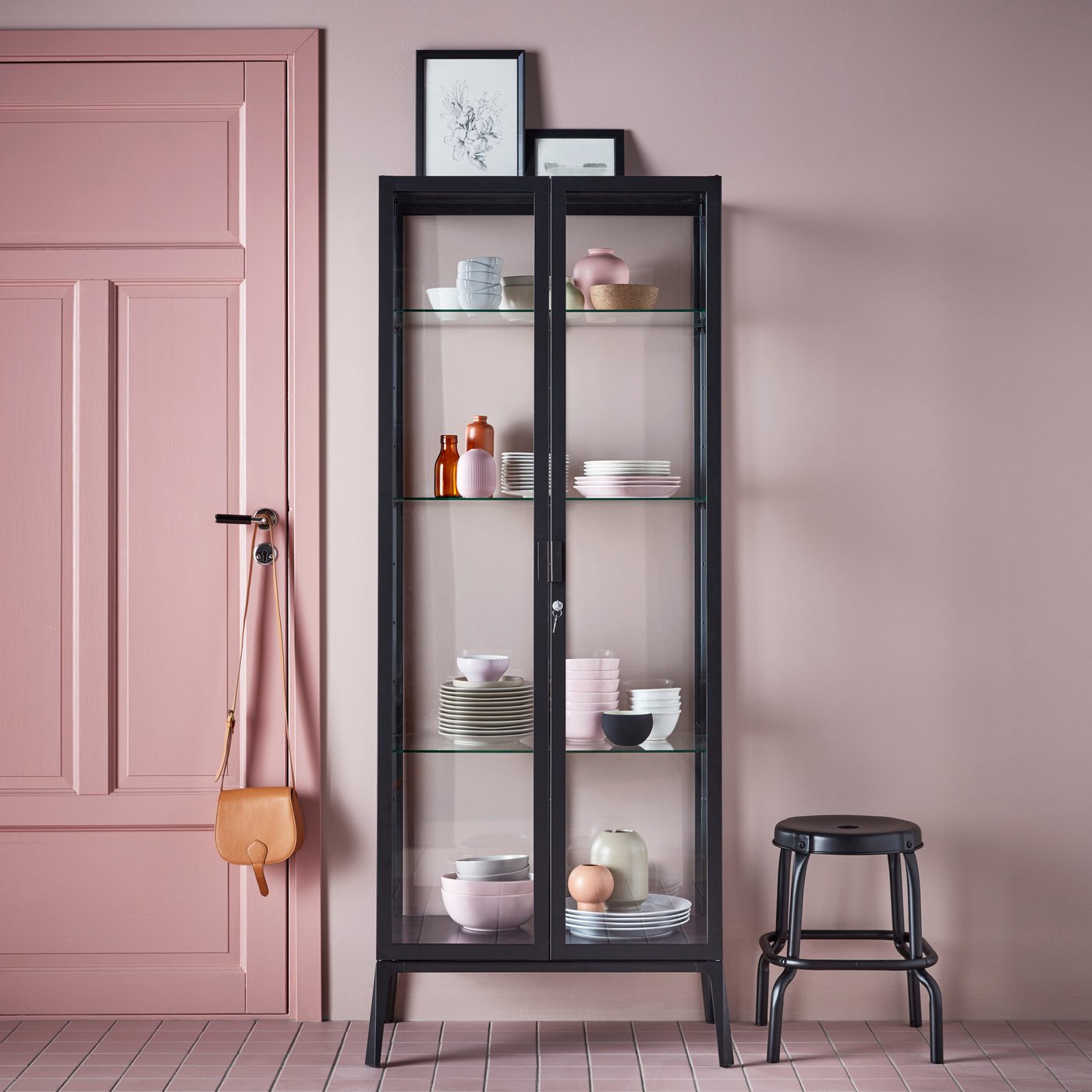 An anthracite MILSBO glass-door cabinet