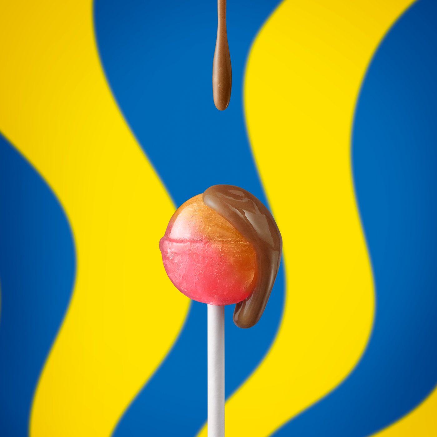 Chupa Chups Meatball Flavour lollipop with gravy, inspired by IKEA dish, on a blue & yellow wavy background.