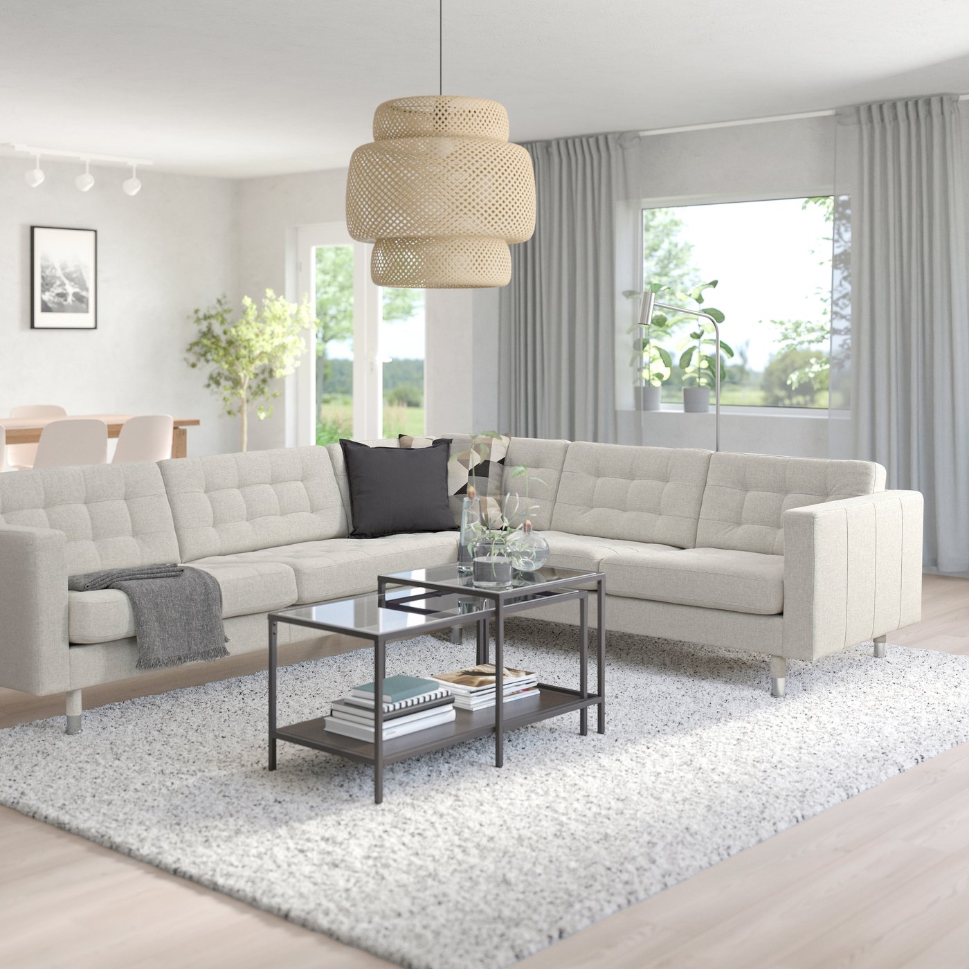 A Gunnared beige/metal LANDSKRONA corner sofa, 5-seat in the living room