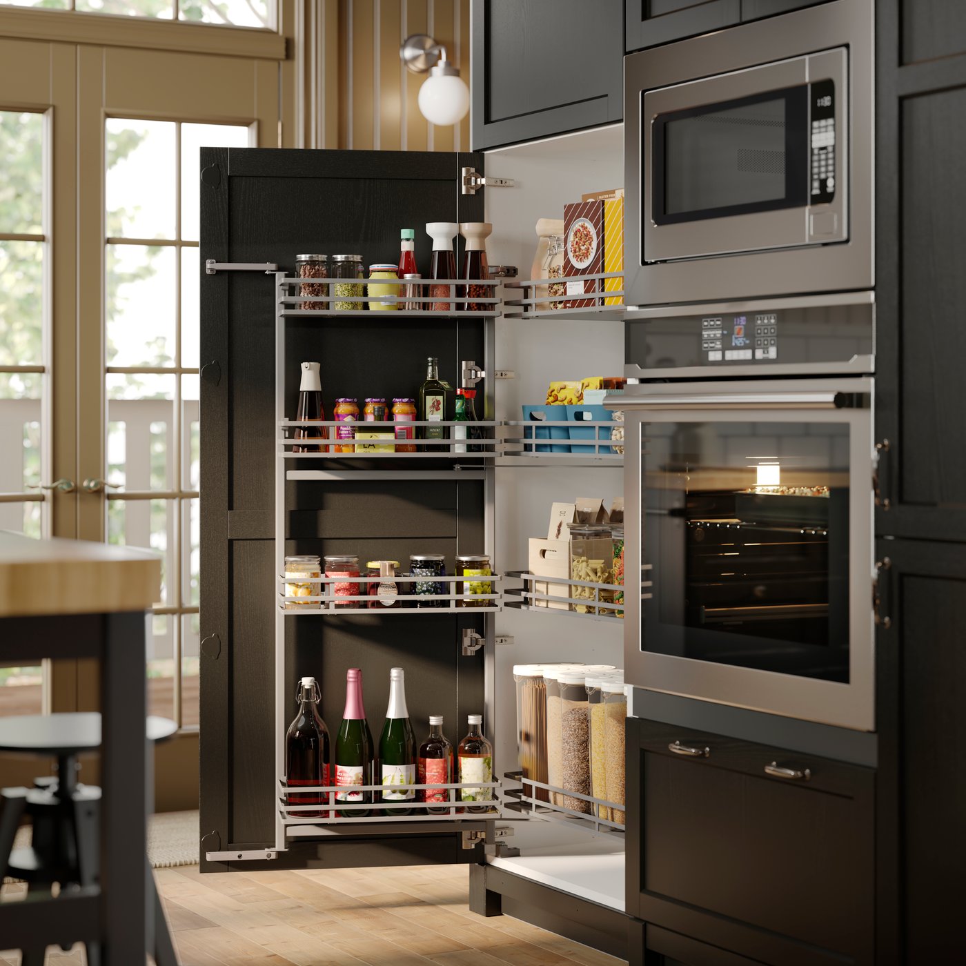 A kitchen with a SEKTION high cabinet as a pantry featuring a pull-out larder shelves filled with jars and bottles.