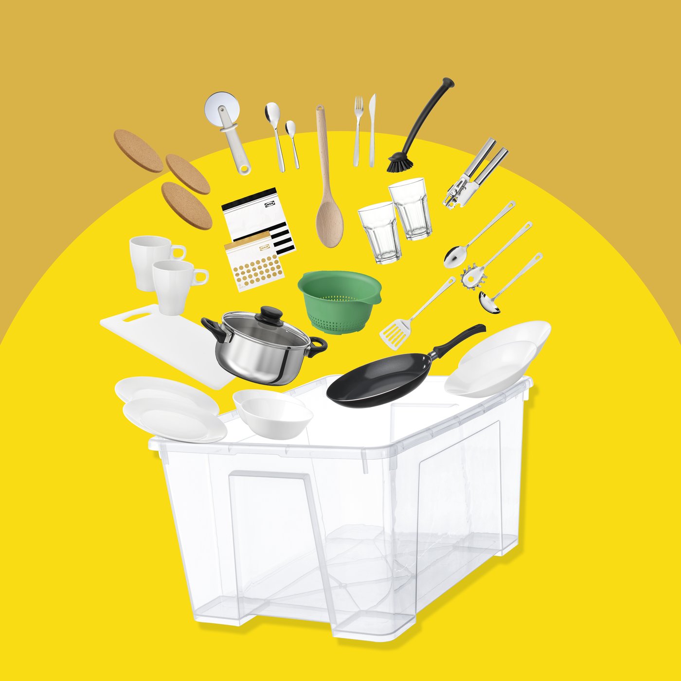 Various cookware flying out of an IKEA SAMLA transparent box on a yellow background.
