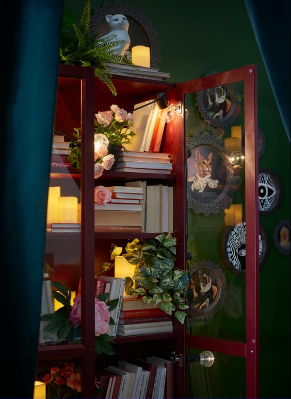 Bibliothèque BILLY rouge à portes vitrées contenant livres, plantes artificielles, bougies et guirlandes lumineuses. Photos encadrées en arrière-plan.