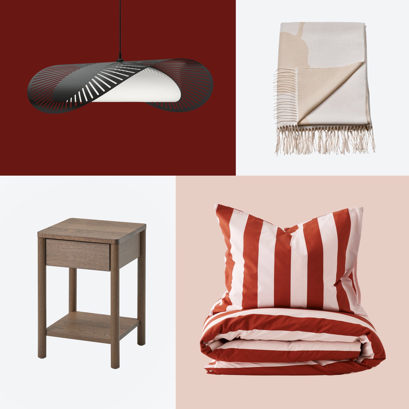 A grid of 4 images: black KVÄLLSDOPP lampshade, PERSIKOTRÄD throw, TONSTAD bedside table and striped SLÅNHÖSTMAL bedding.