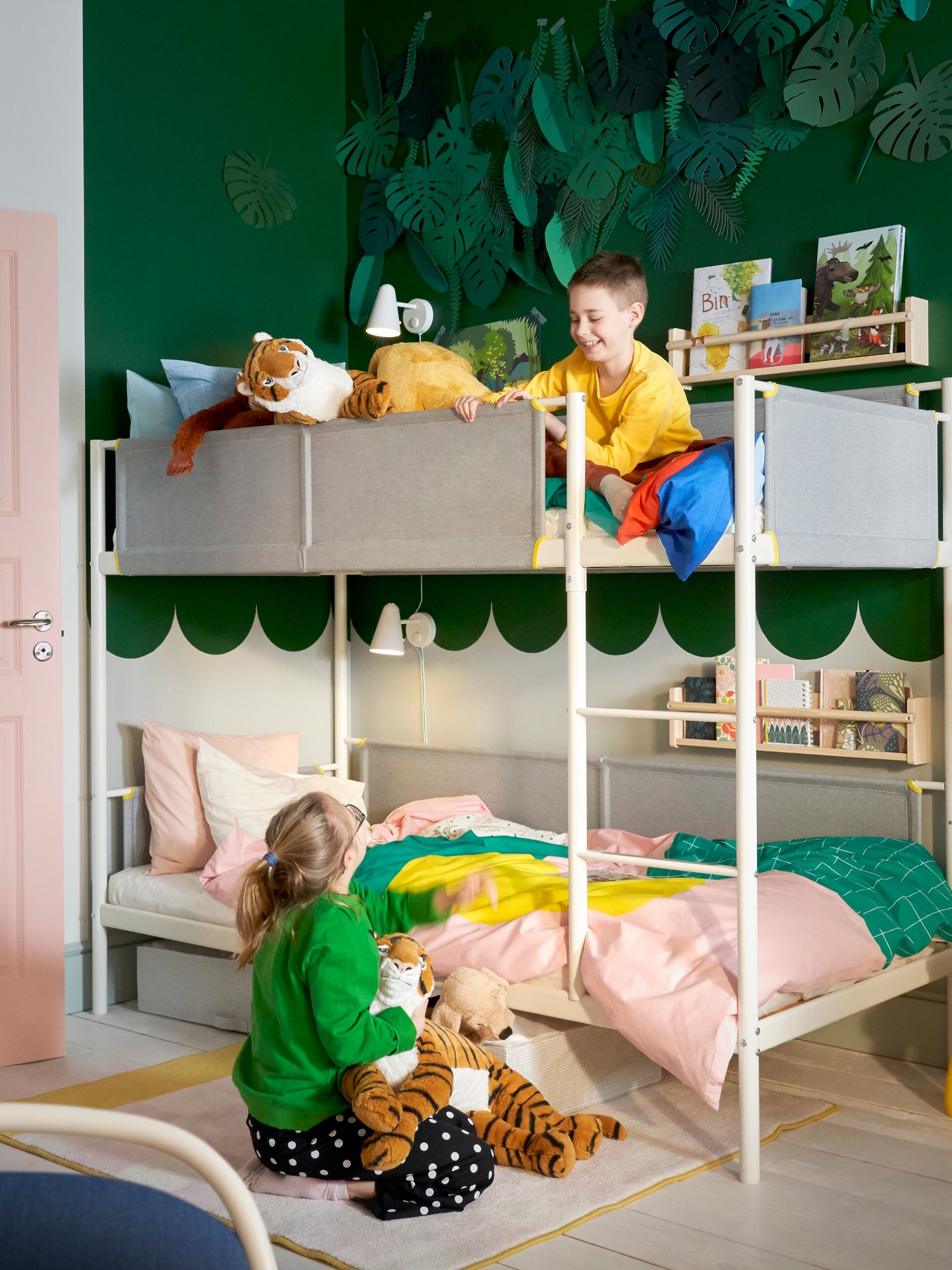 A light white stained pine FLISAT wall storage in the childrens room