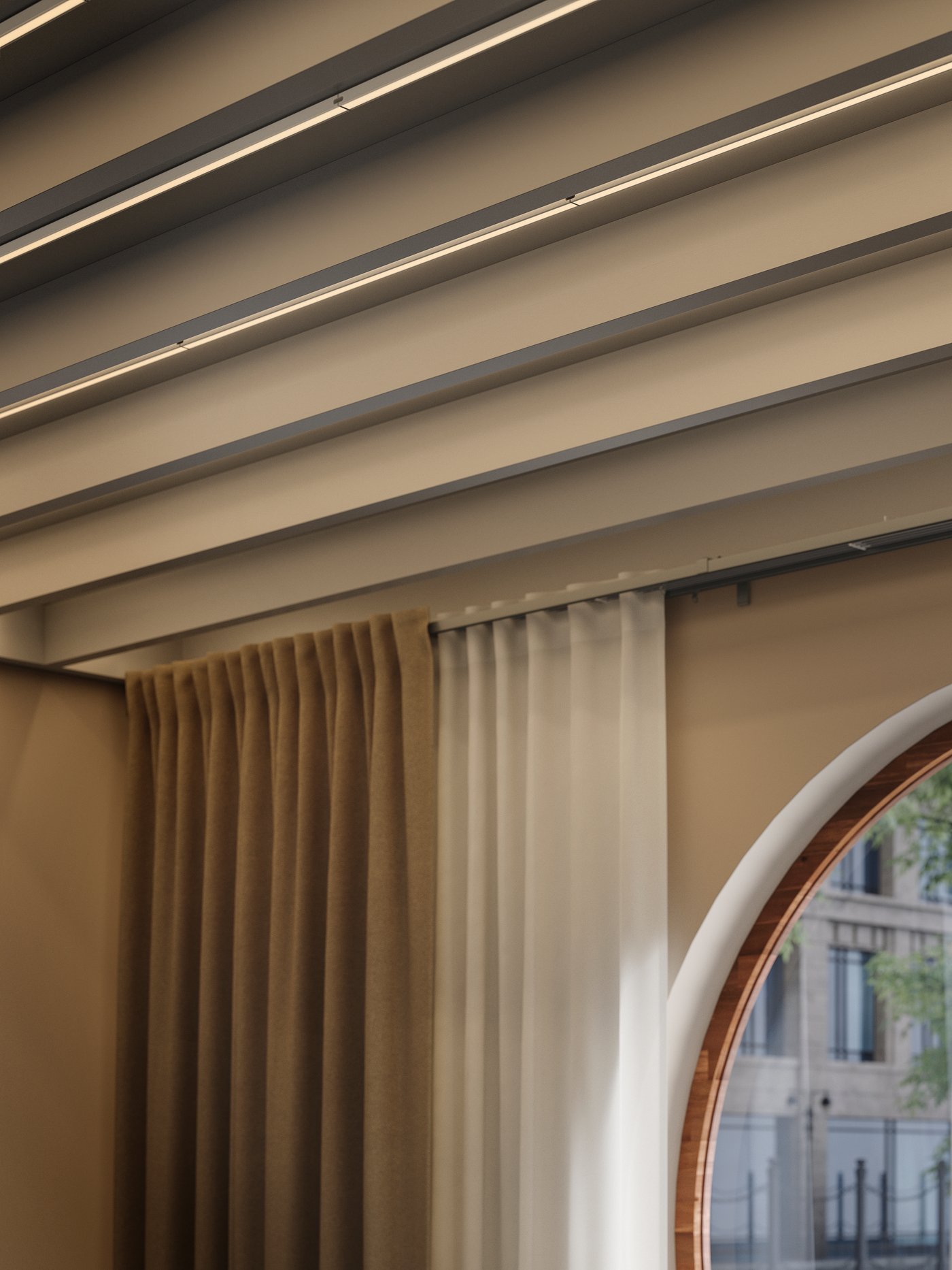 Flera dimbara vita LED-belysningslister för köksbänkar är monterade på takbjälkar.