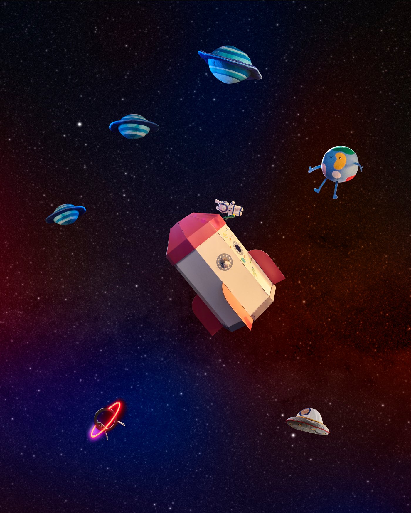 Jouet fusée volante AFTONSPARV autour de planètes.