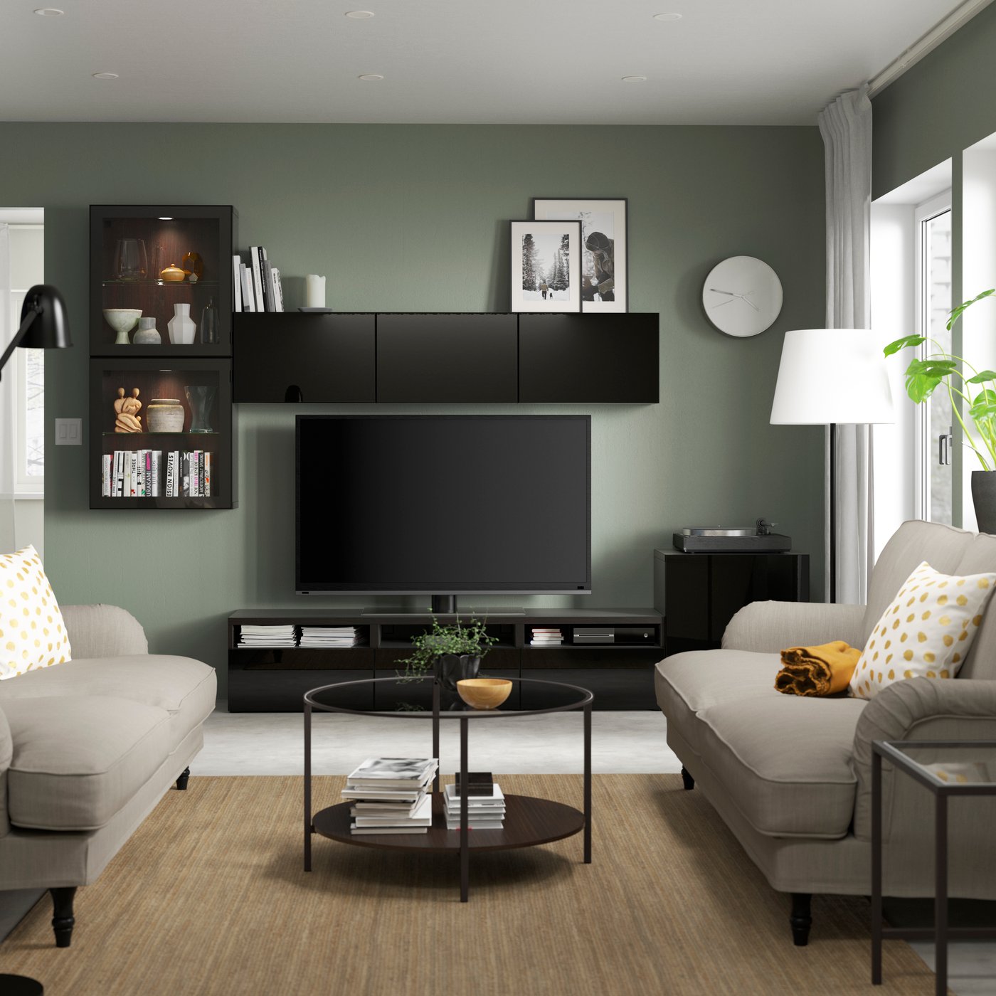 A black-brown/Selsviken high-gloss/black clear glass BESTÅ TV storage combination/glass doors