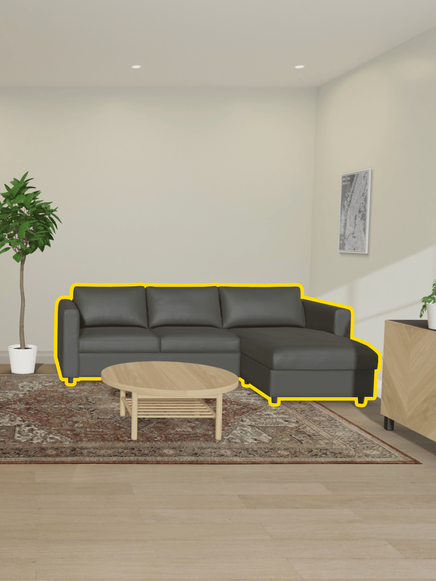 A visual representation in IKEA Kreativ of a leather corner sofa with the corner on the right, placed against the wall in the living room.