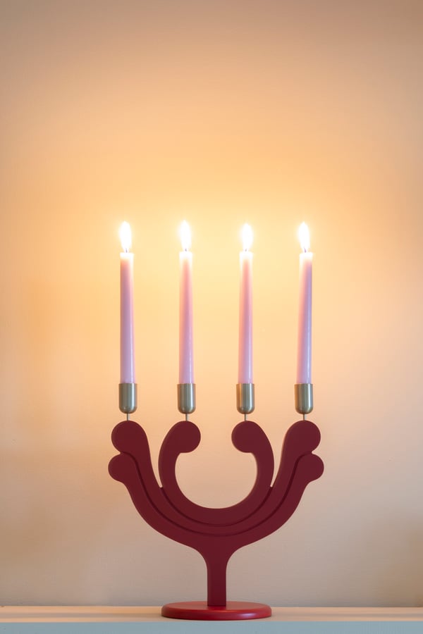 Un candeliere rosso VINTERFINT con 4 candele di colore rosa accese.