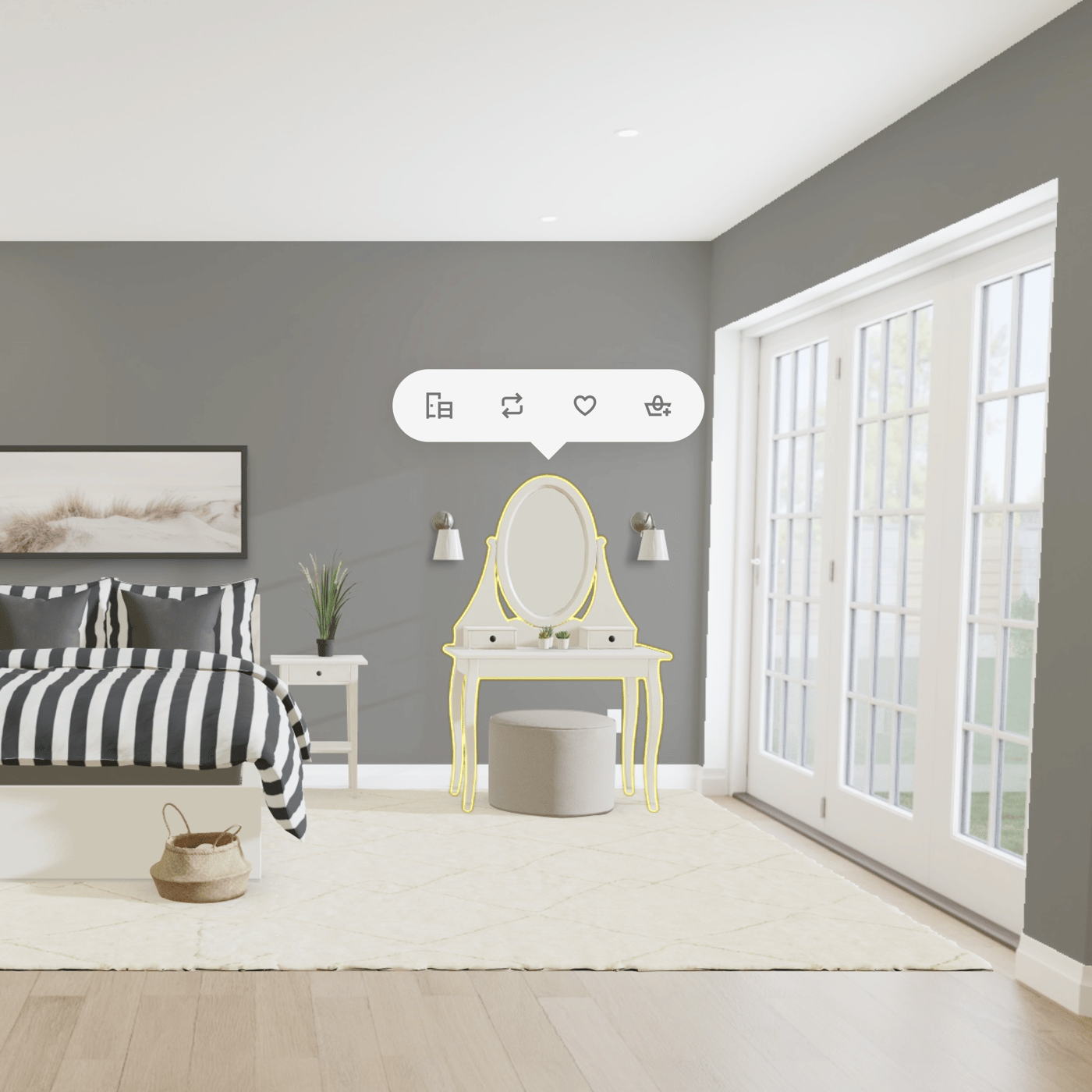 Es ist ein Screenshot einer IKEA Kreativ Planung eines Schlafzimmers abgebildet.