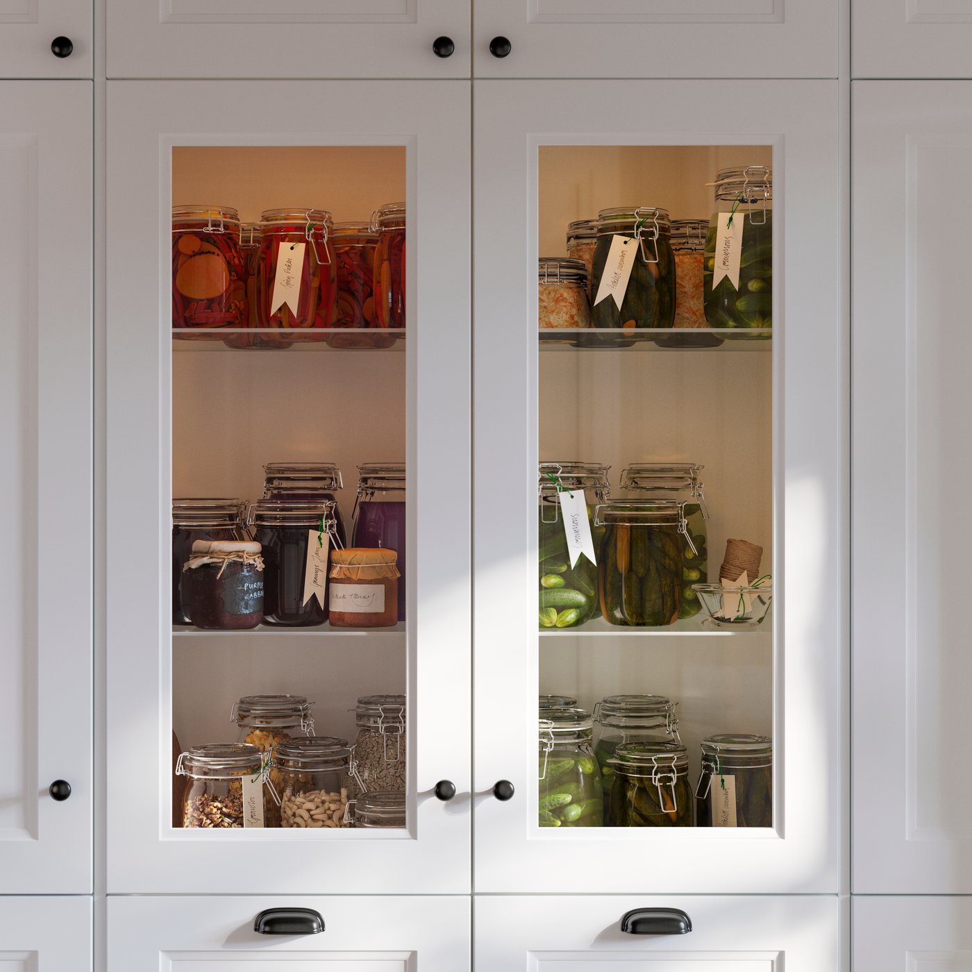 A glass-fronted white kitchen cabinet showcases jars of preserved vegetables, fruits, and sauces, neatly organised.