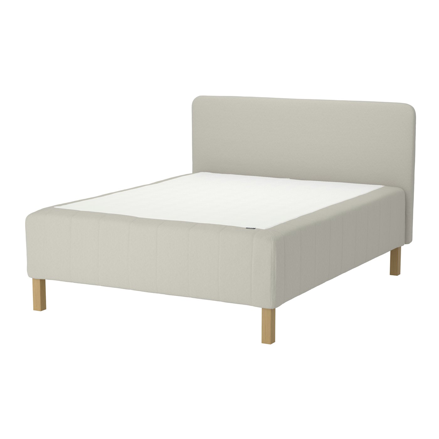 En beige RÅHOLMAR resårbottensäng med huvudgavel.