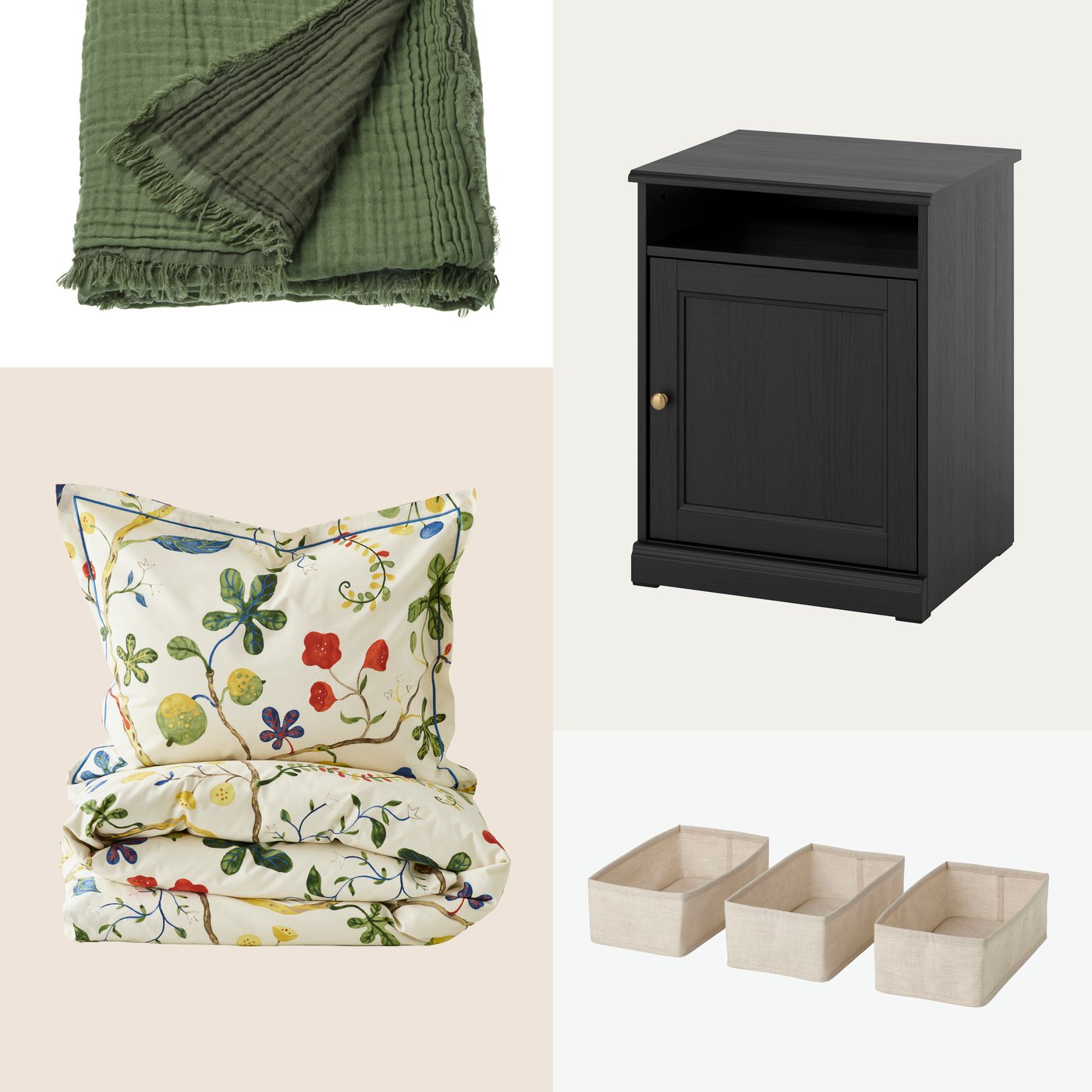 A grid of 4 images: green VALLKRASSING throw, black FÅGELFJÄLLET bedside table, floral KRONBUSKE bedding and PURRPINGLA boxes.