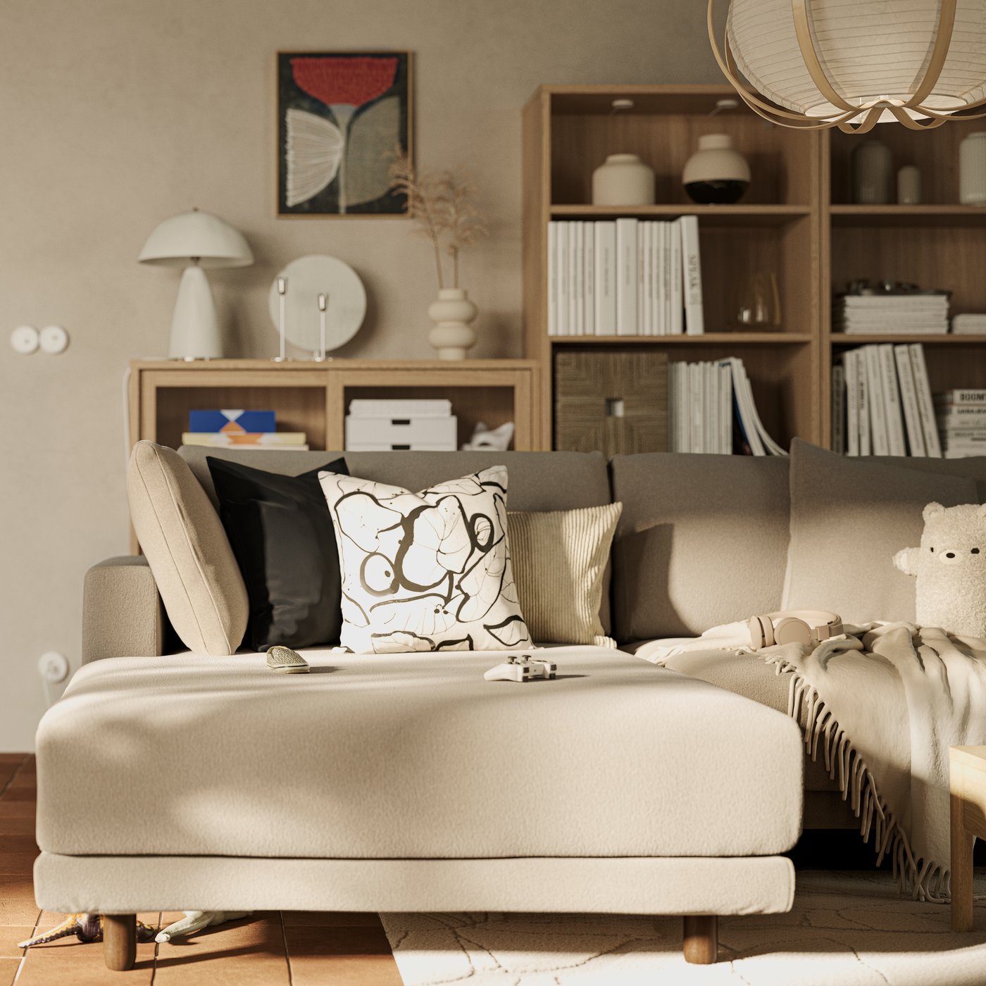 A brown-beige UPPÅKRA 3-seat modular sofa with chaise longue stands in front of some oak veneer TONSTAD storage furniture.
