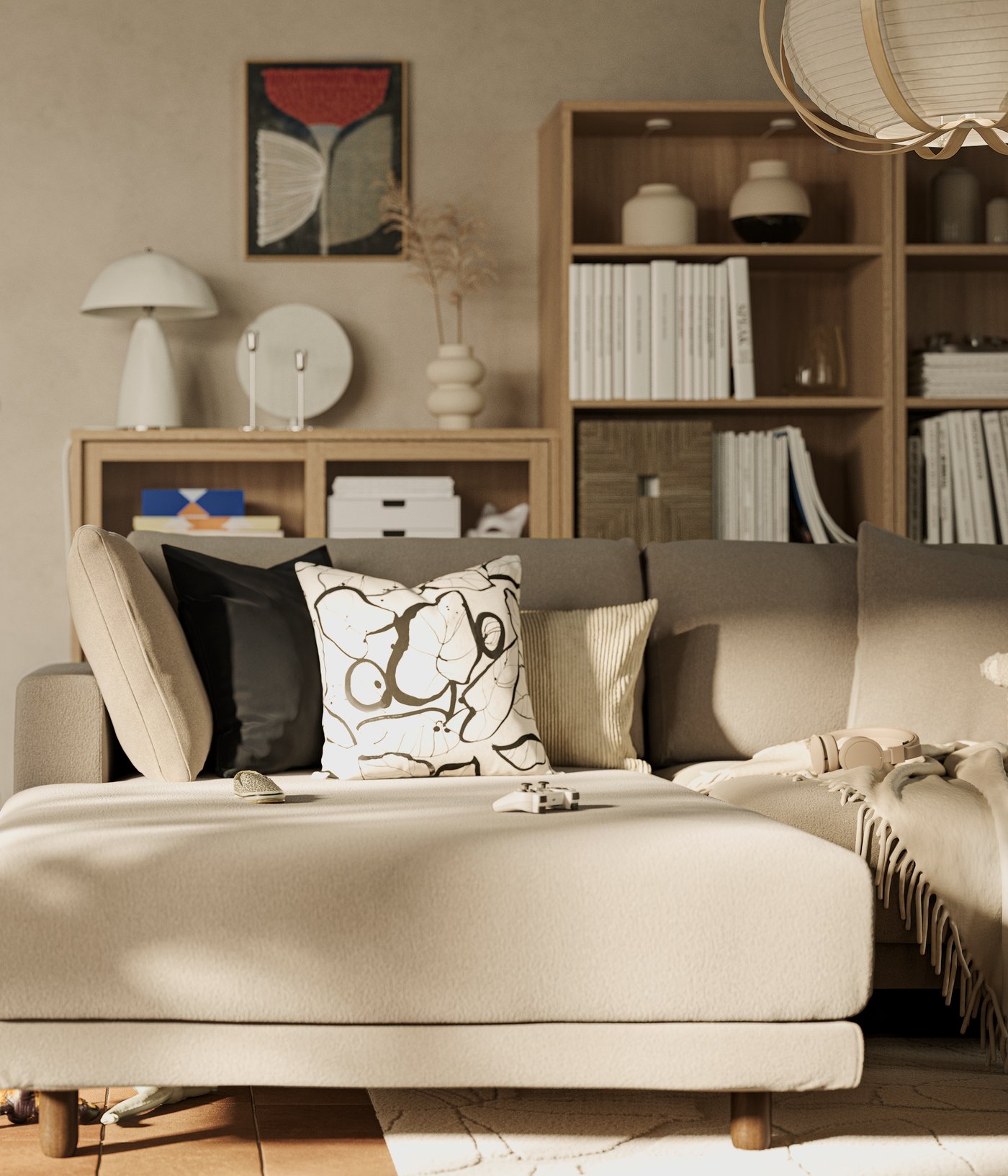 Bruinbeige UPPÅKRA modulaire 3-zitsbank met chaise longue staat voor TONSTAD kasten in eiken fineer.