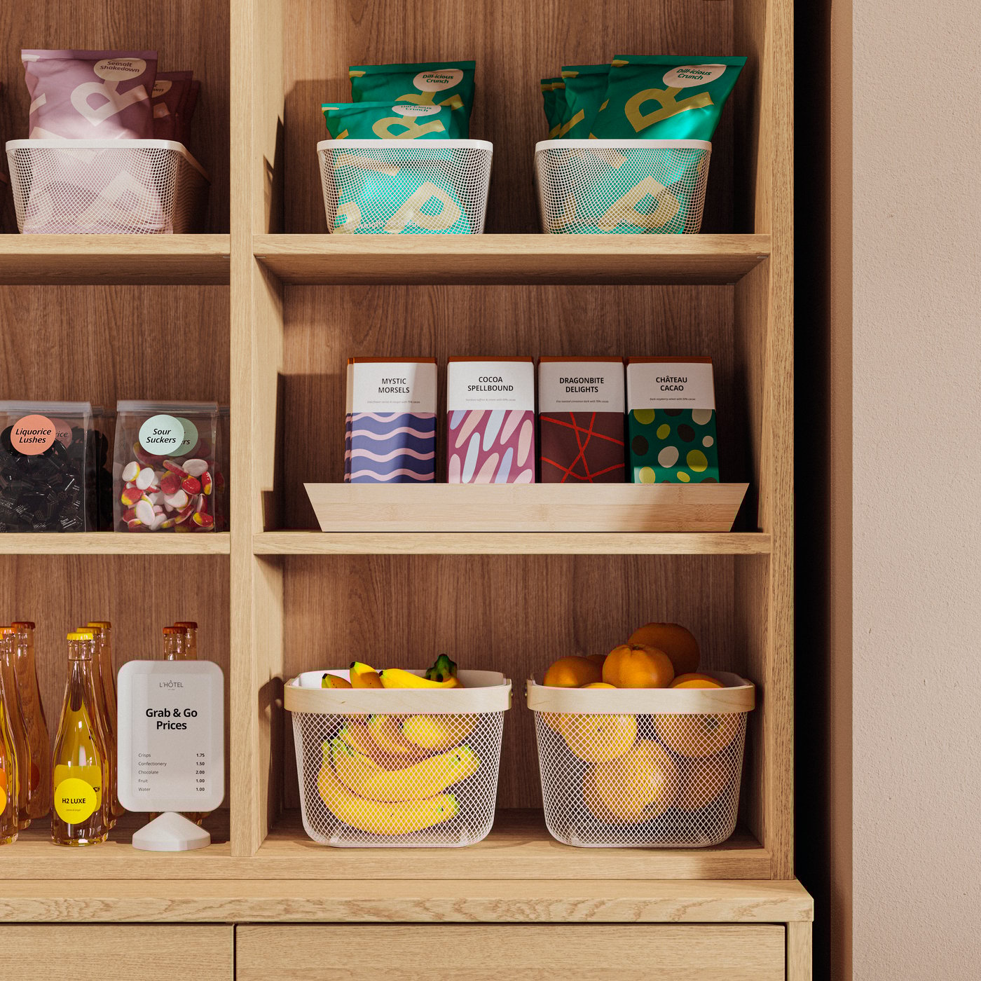 Close-up of a TONSTAD shelving with two white RISATORP baskets that holds fruit alongside more neatly arranged food items.