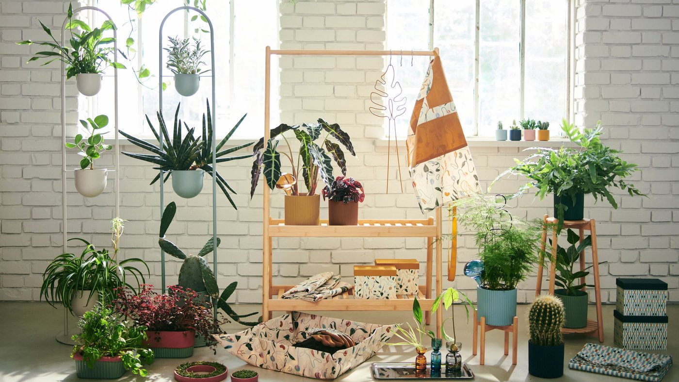An in/outdoor light grey-green DAKSJUS plant stand with 3 plant pots