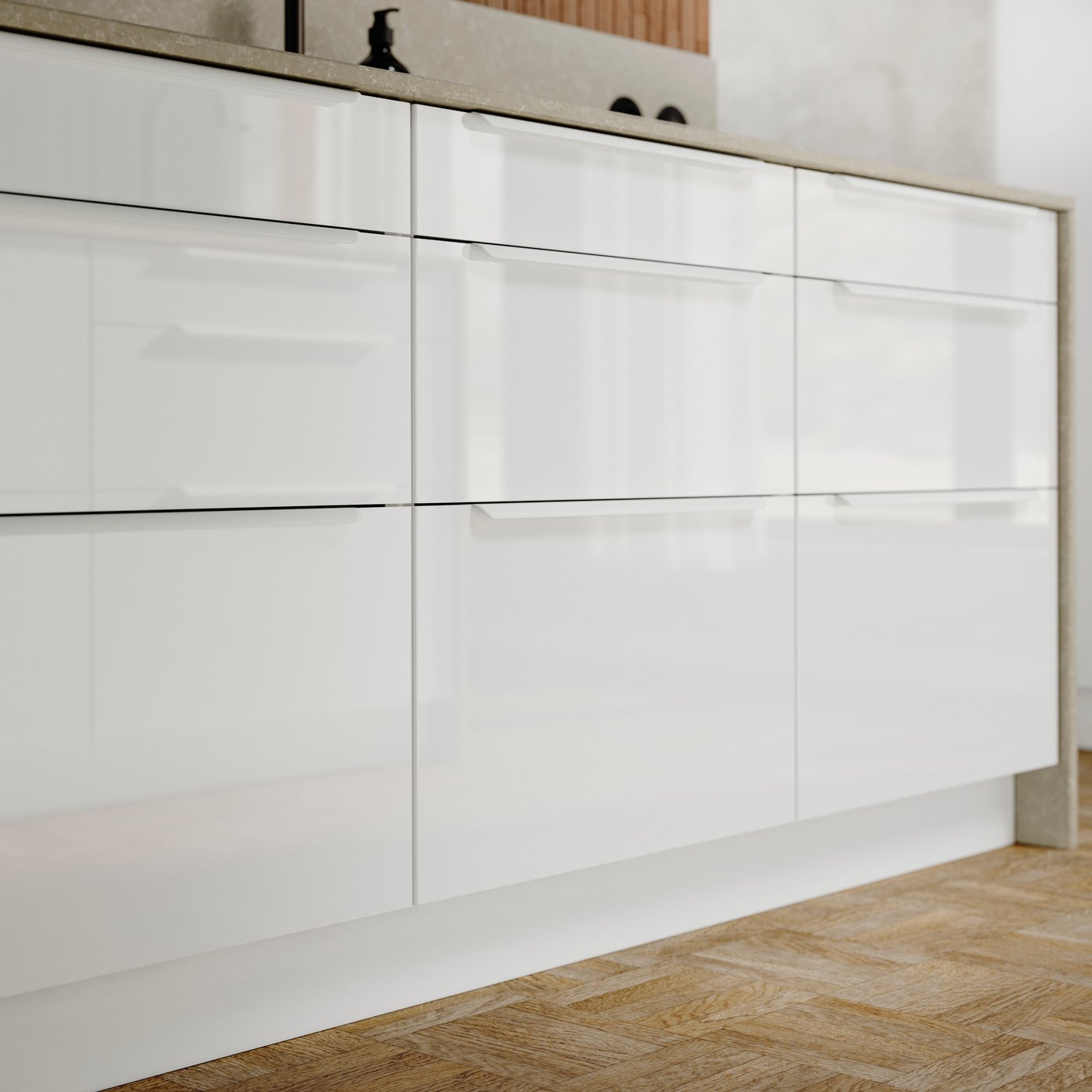 A high-gloss white RINGHULT drawer front